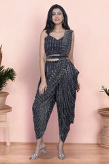 Navy Blue Knitted Sequins Dhoti Saree With Belt