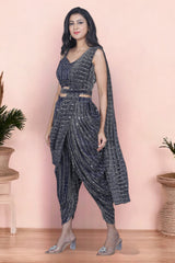 Navy Blue Knitted Sequins Dhoti Saree With Belt