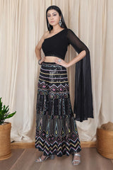 Black Indo Western Multicolor Sequins Work Palazzo Set With One Shoulder Blouse