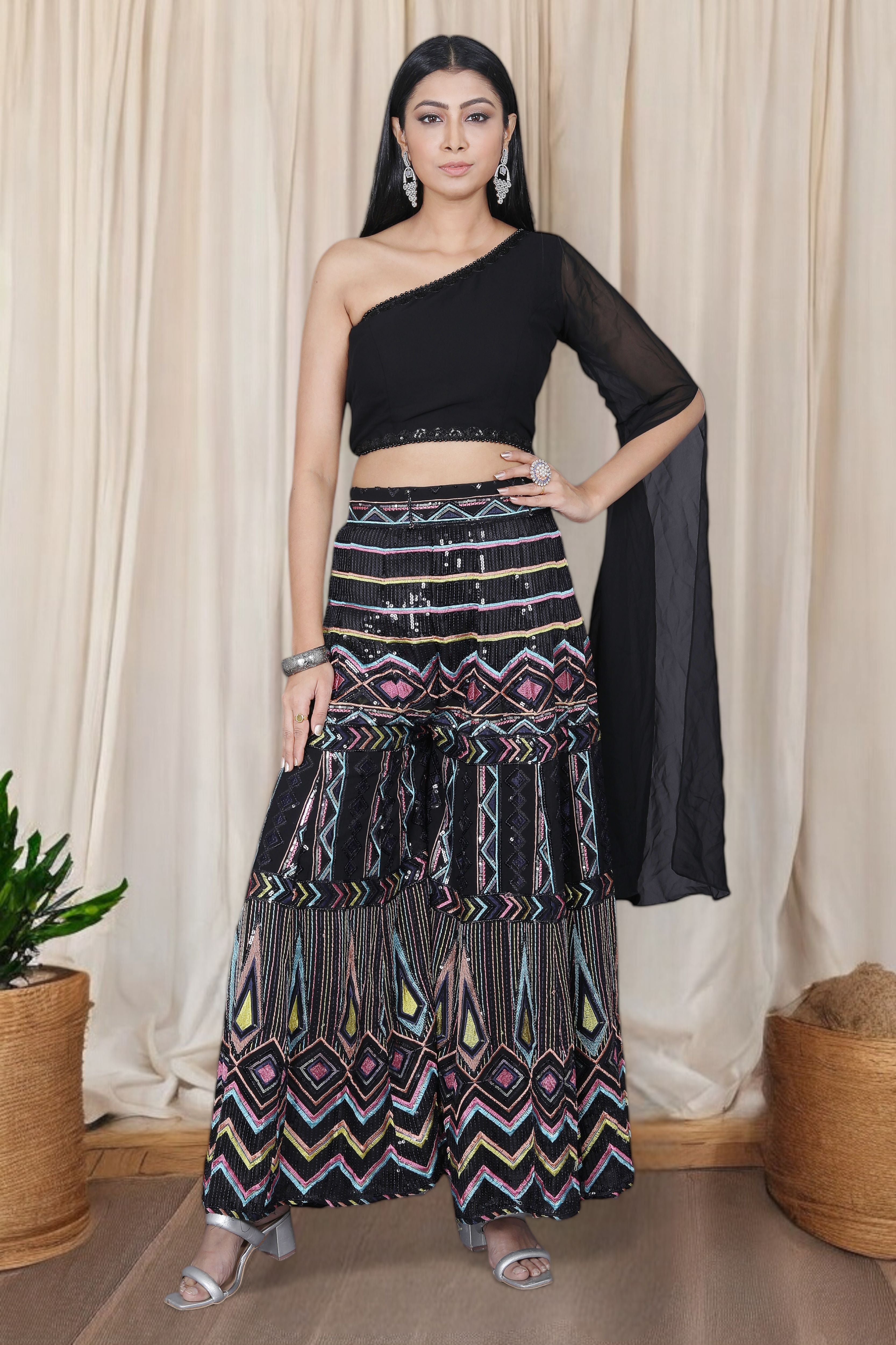 Black Indo Western Multicolor Sequins Work Palazzo Set With One Shoulder Blouse