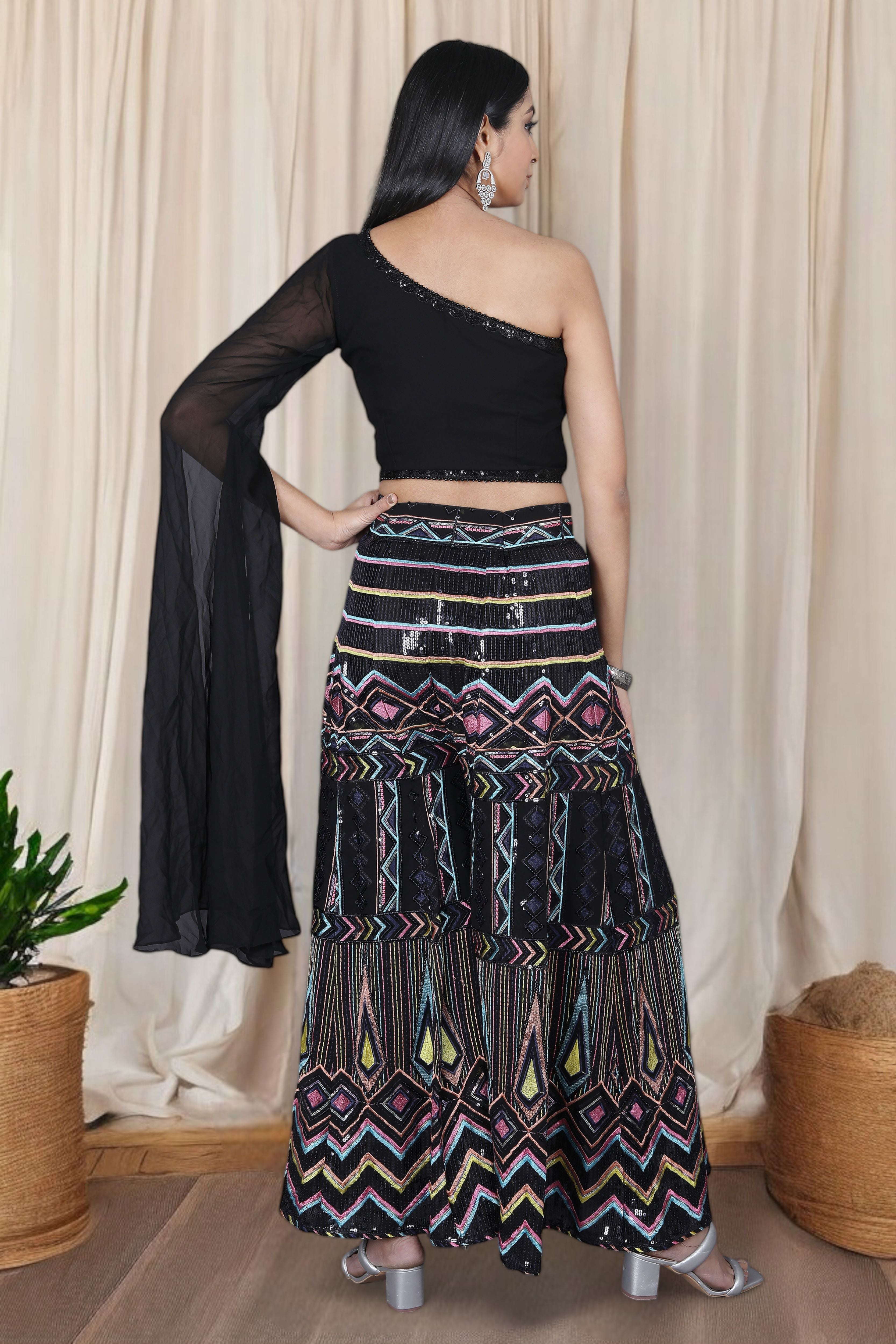 Black Indo Western Multicolor Sequins Work Palazzo Set With One Shoulder Blouse