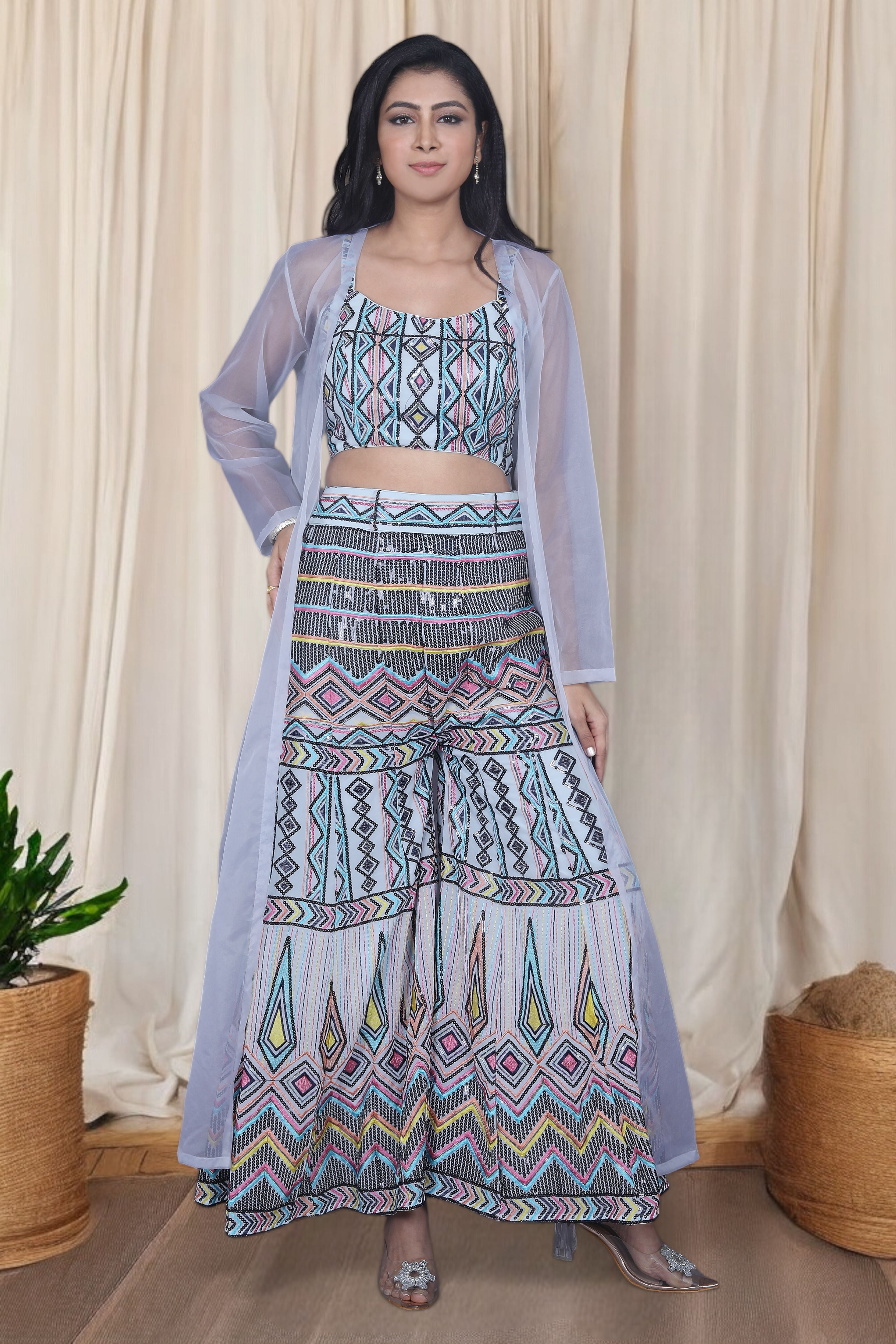 Blue Indo Western Multicolor Sequins Work Palazzo Set With Cape Jacket