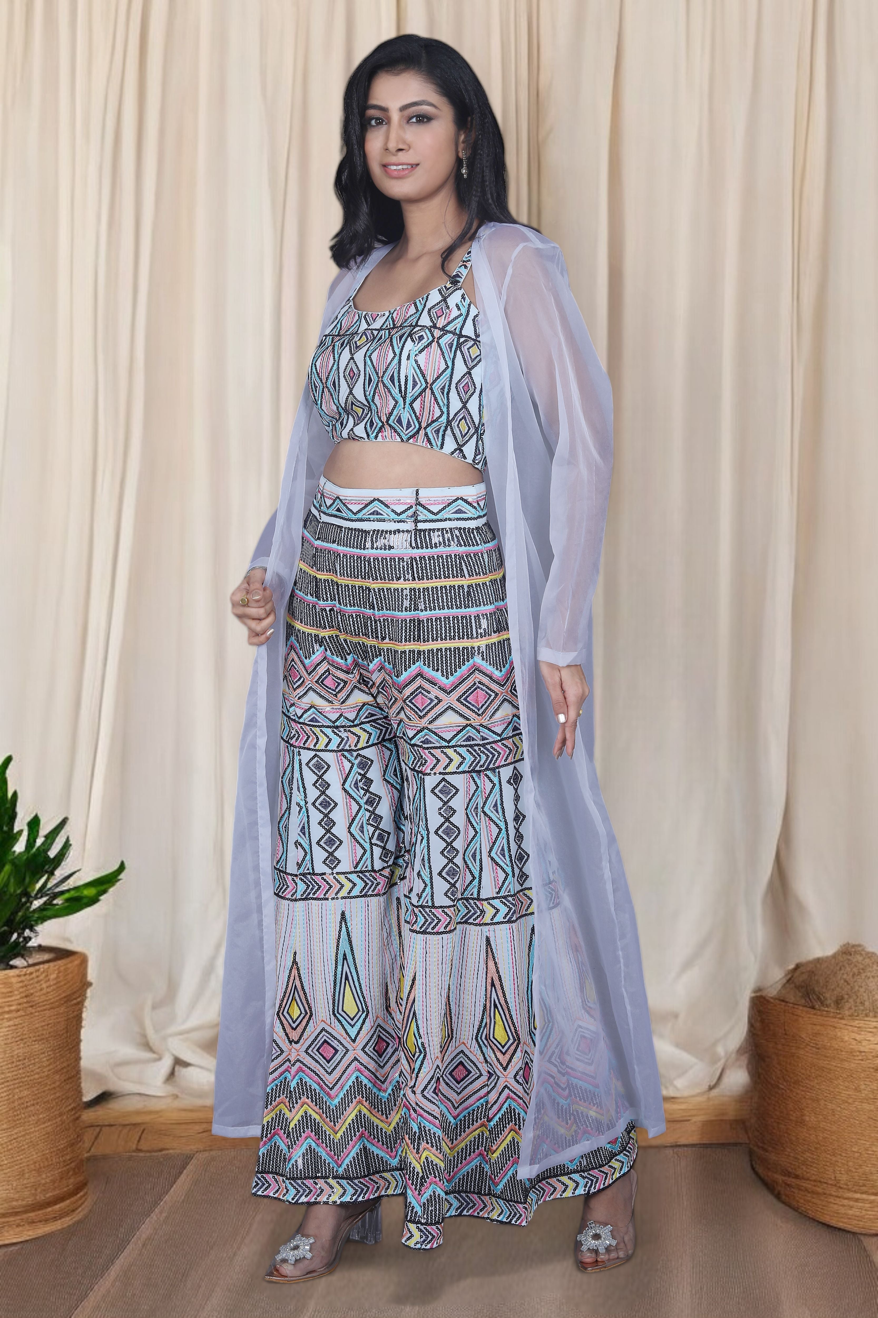 Blue Indo Western Multicolor Sequins Work Palazzo Set With Cape Jacket