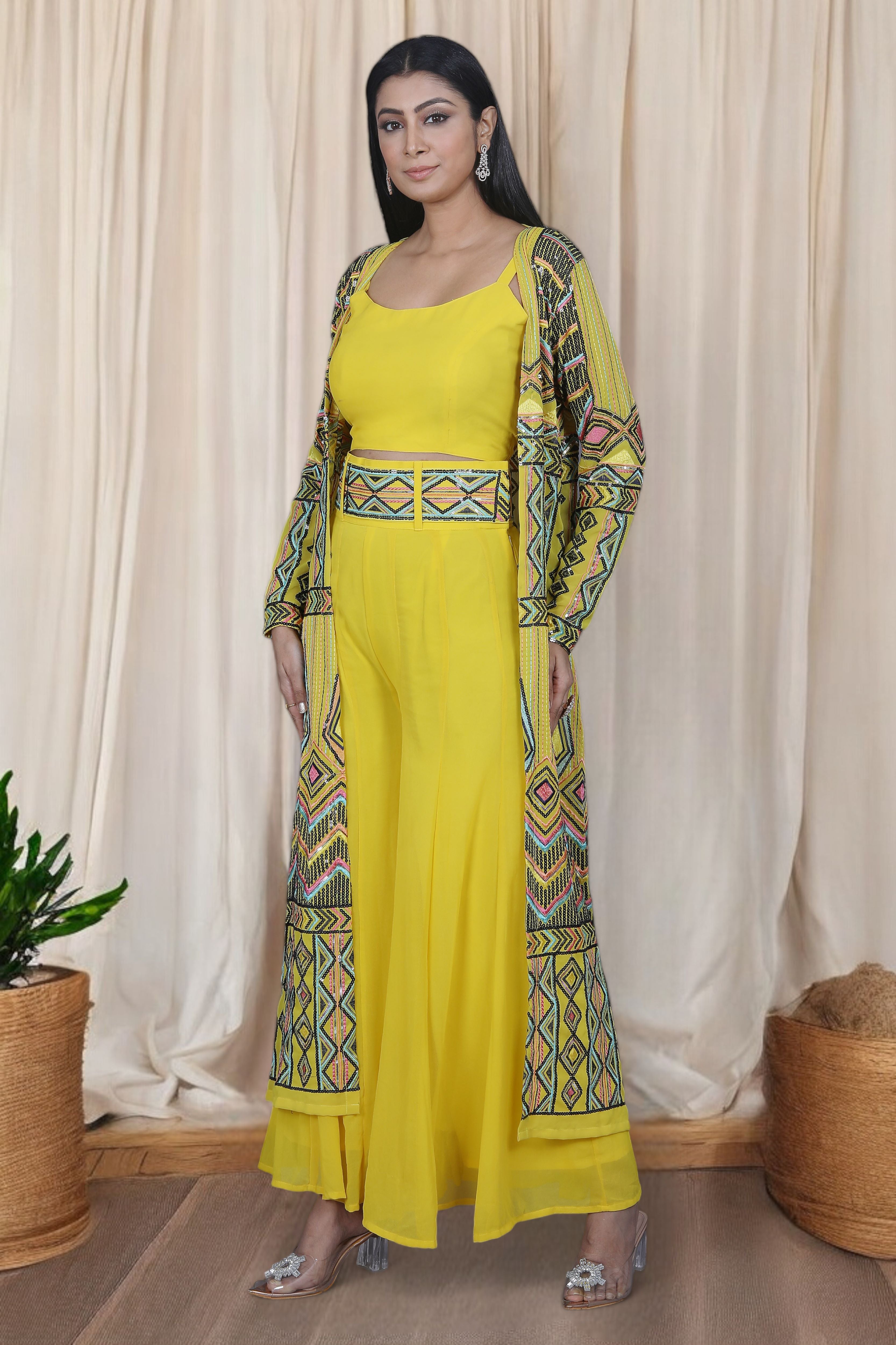 Yellow Indo Western Multicolor Sequins Work Palazzo Set With Cape Jacket