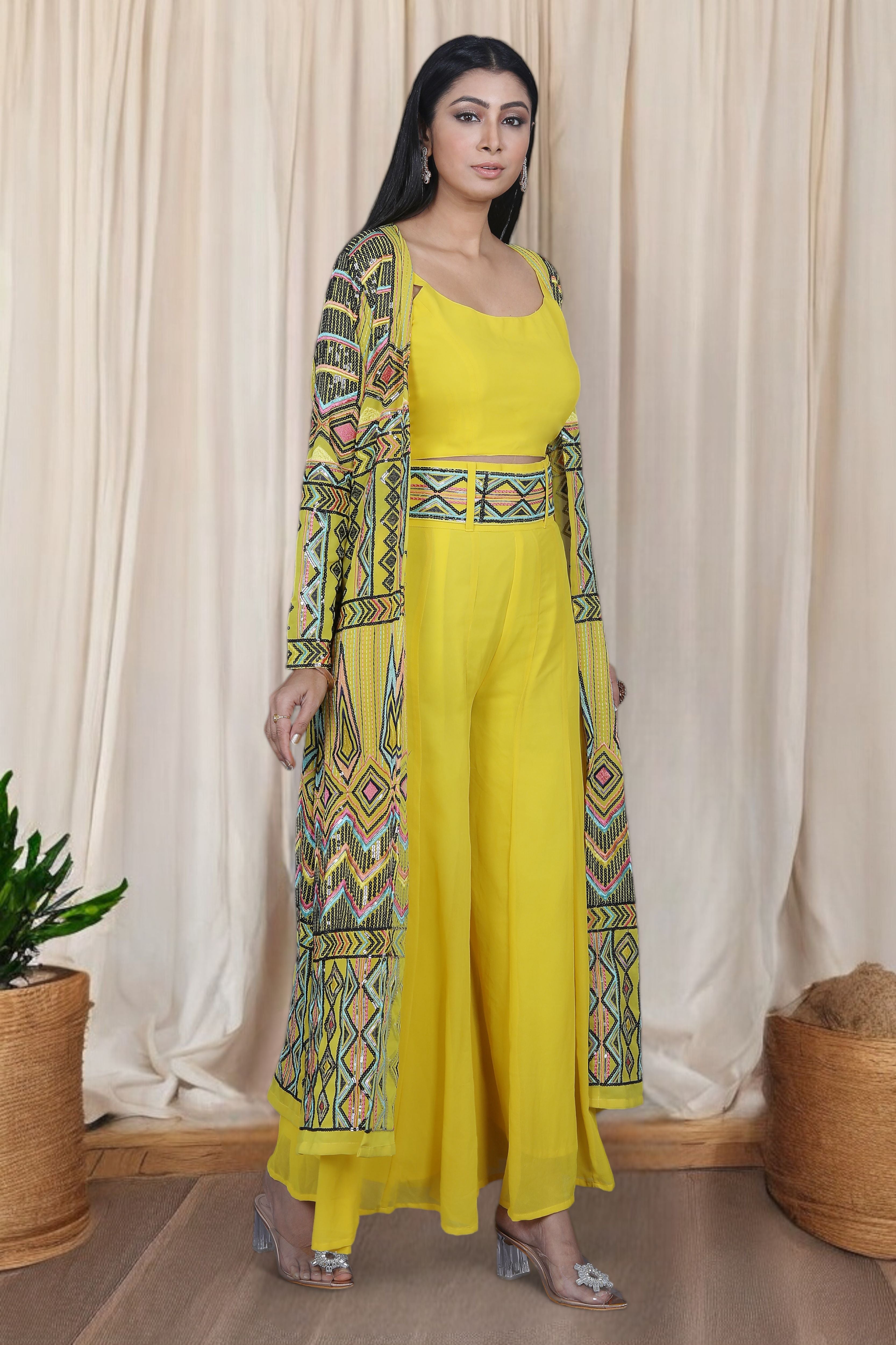 Yellow Indo Western Multicolor Sequins Work Palazzo Set With Cape Jacket