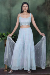 Blue Indo Western Palazzo Set With Pastel Sequins Work