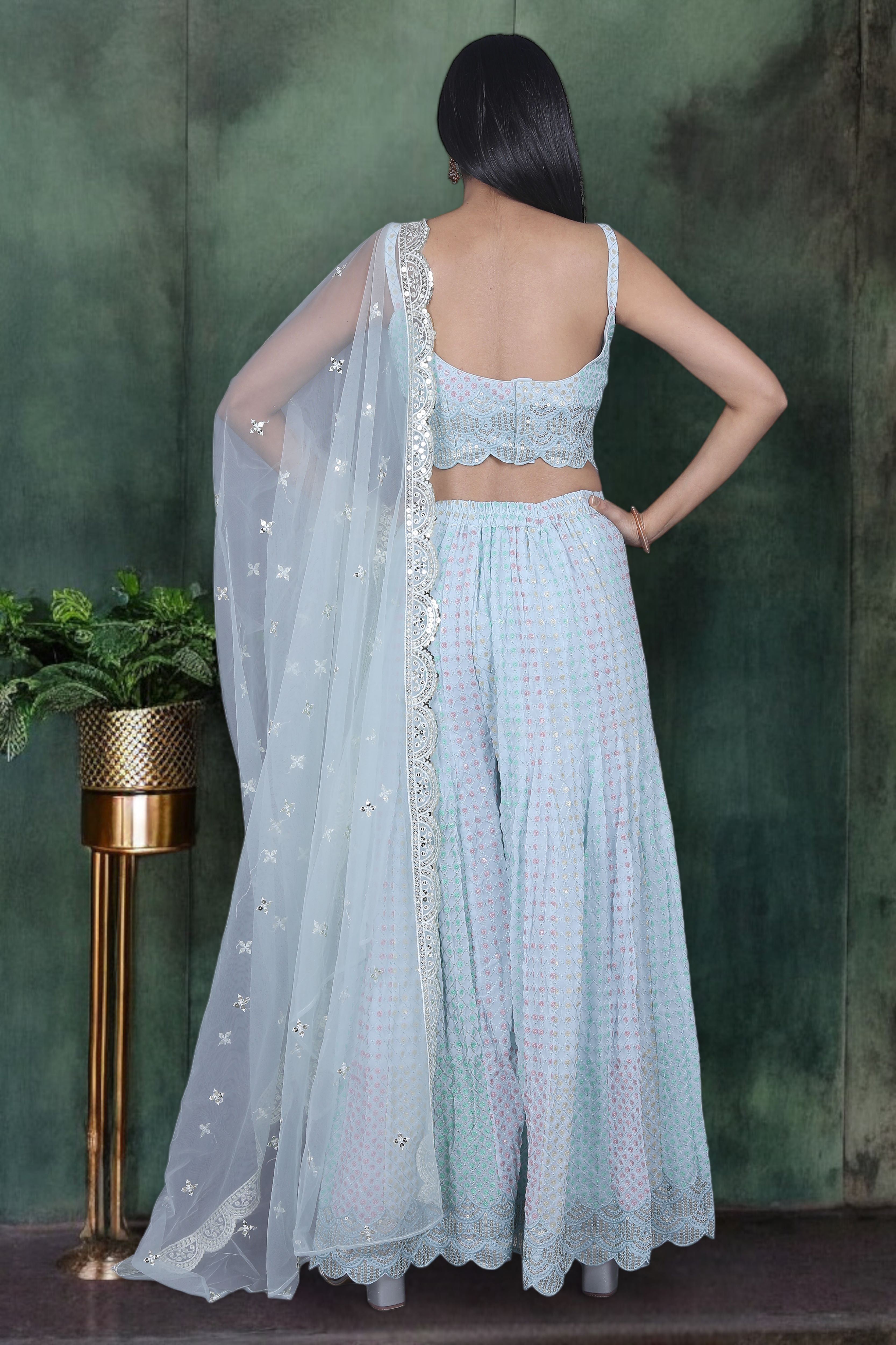 Blue Indo Western Palazzo Set With Pastel Sequins Work