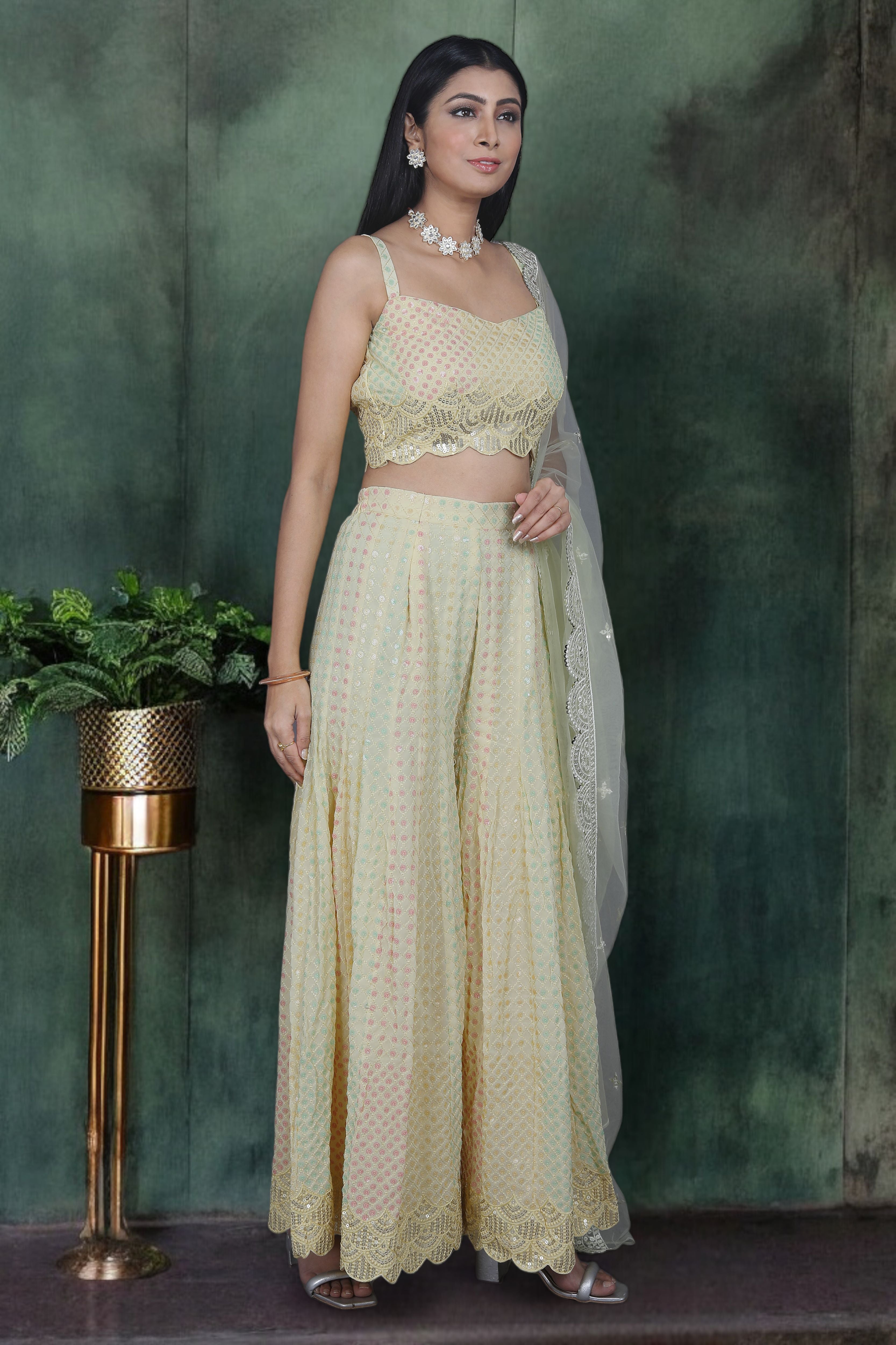 Yellow Indo Western Palazzo Set With Pastel Sequins Work