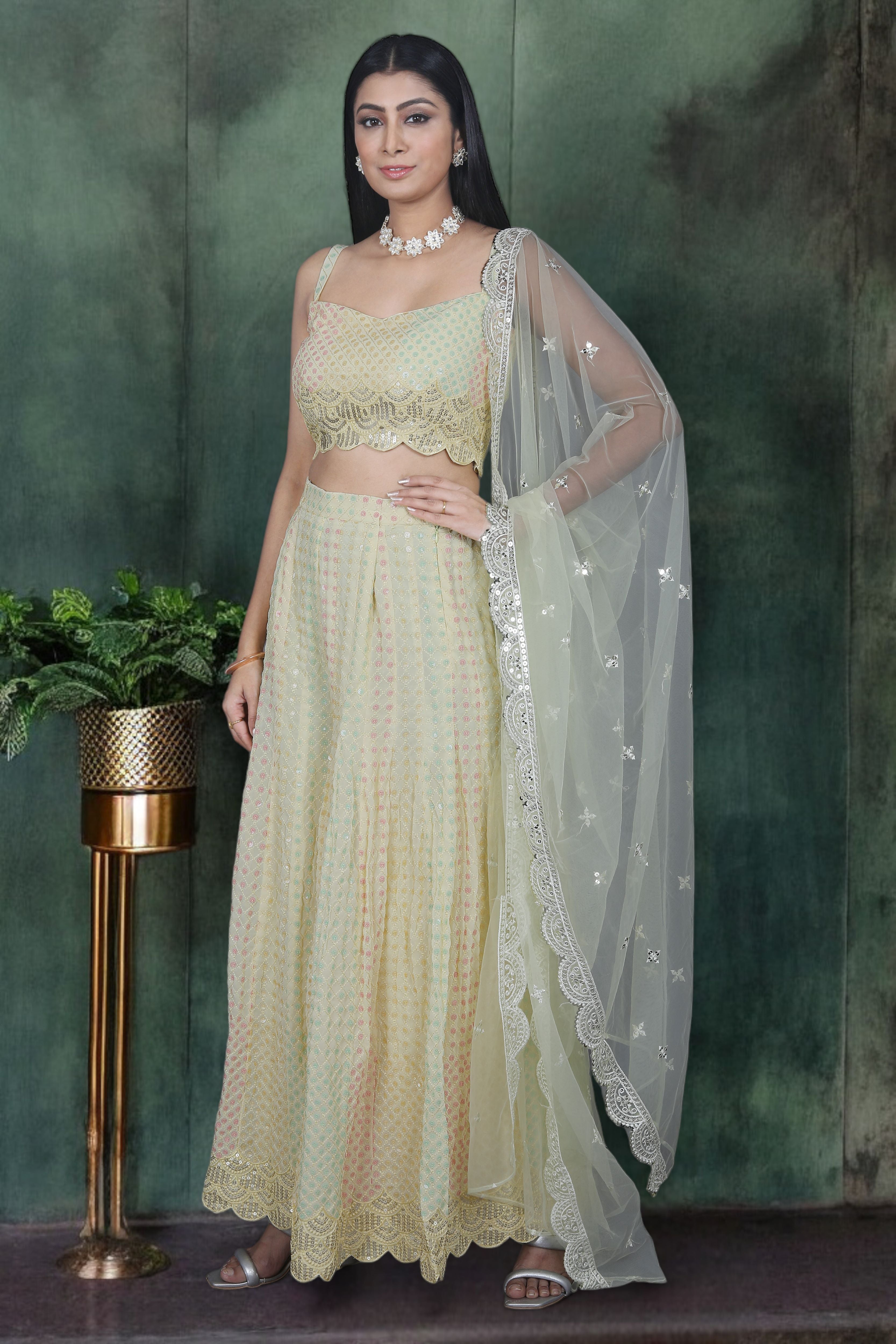 Yellow Indo Western Palazzo Set With Pastel Sequins Work