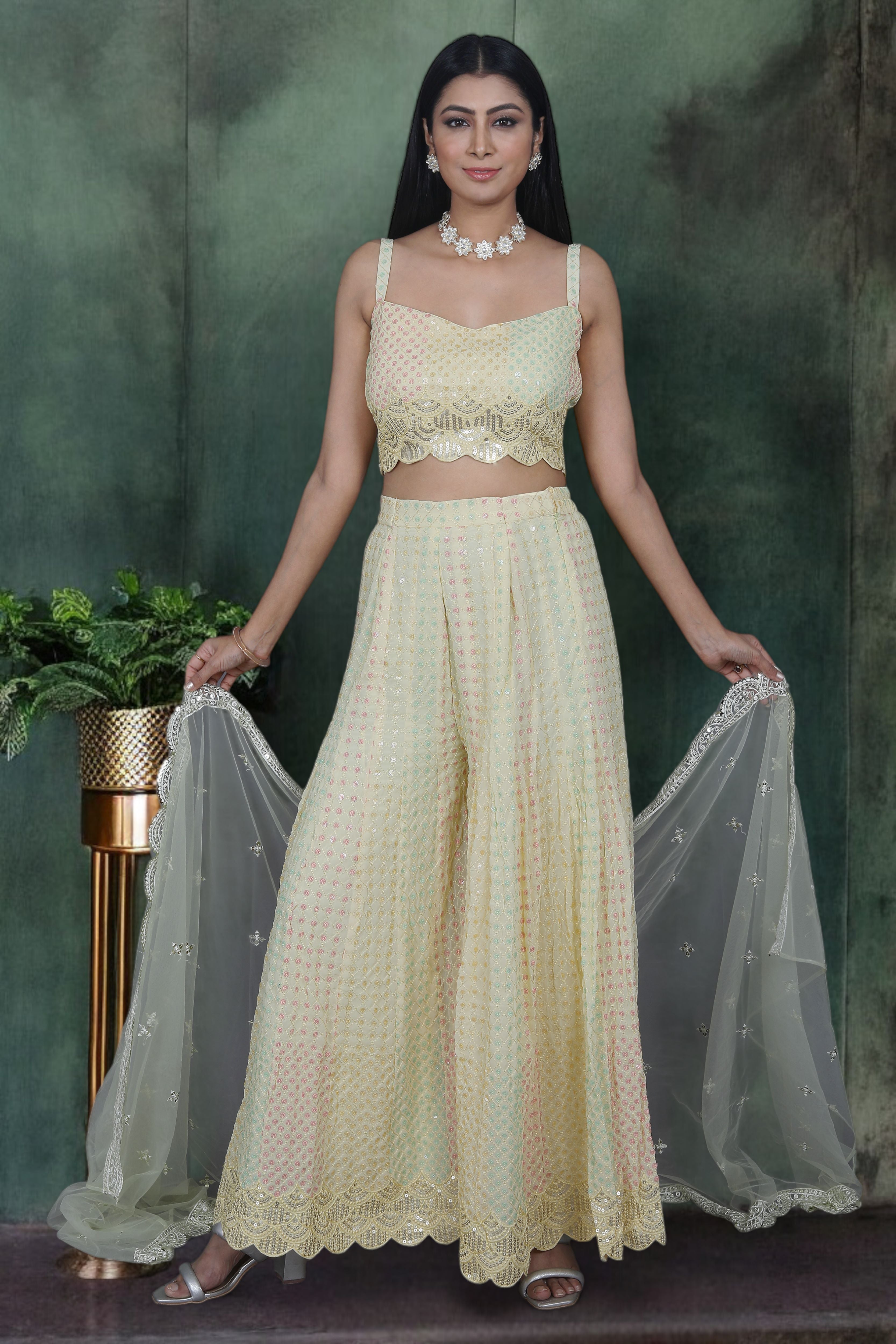 Yellow Indo Western Palazzo Set With Pastel Sequins Work