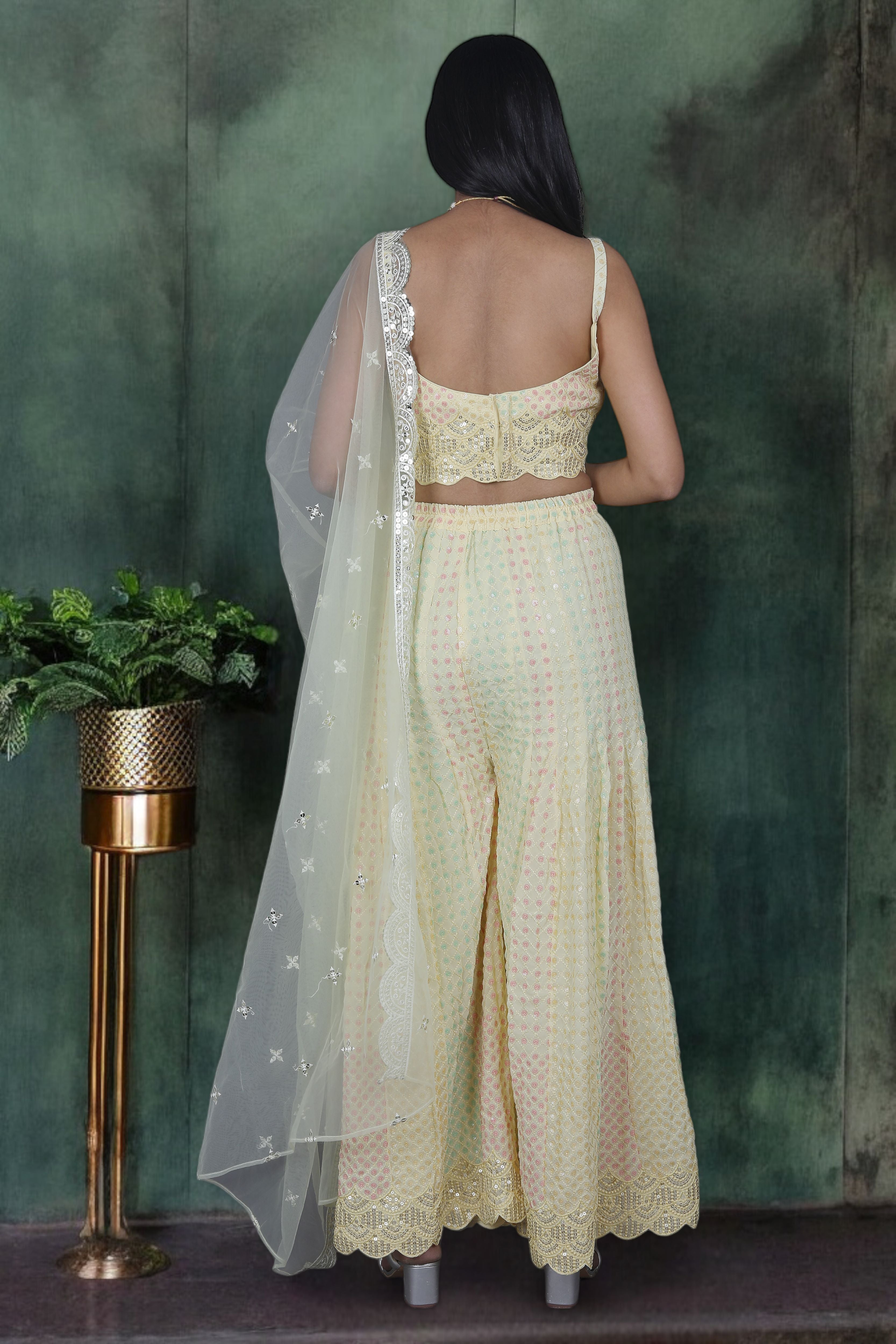 Yellow Indo Western Palazzo Set With Pastel Sequins Work