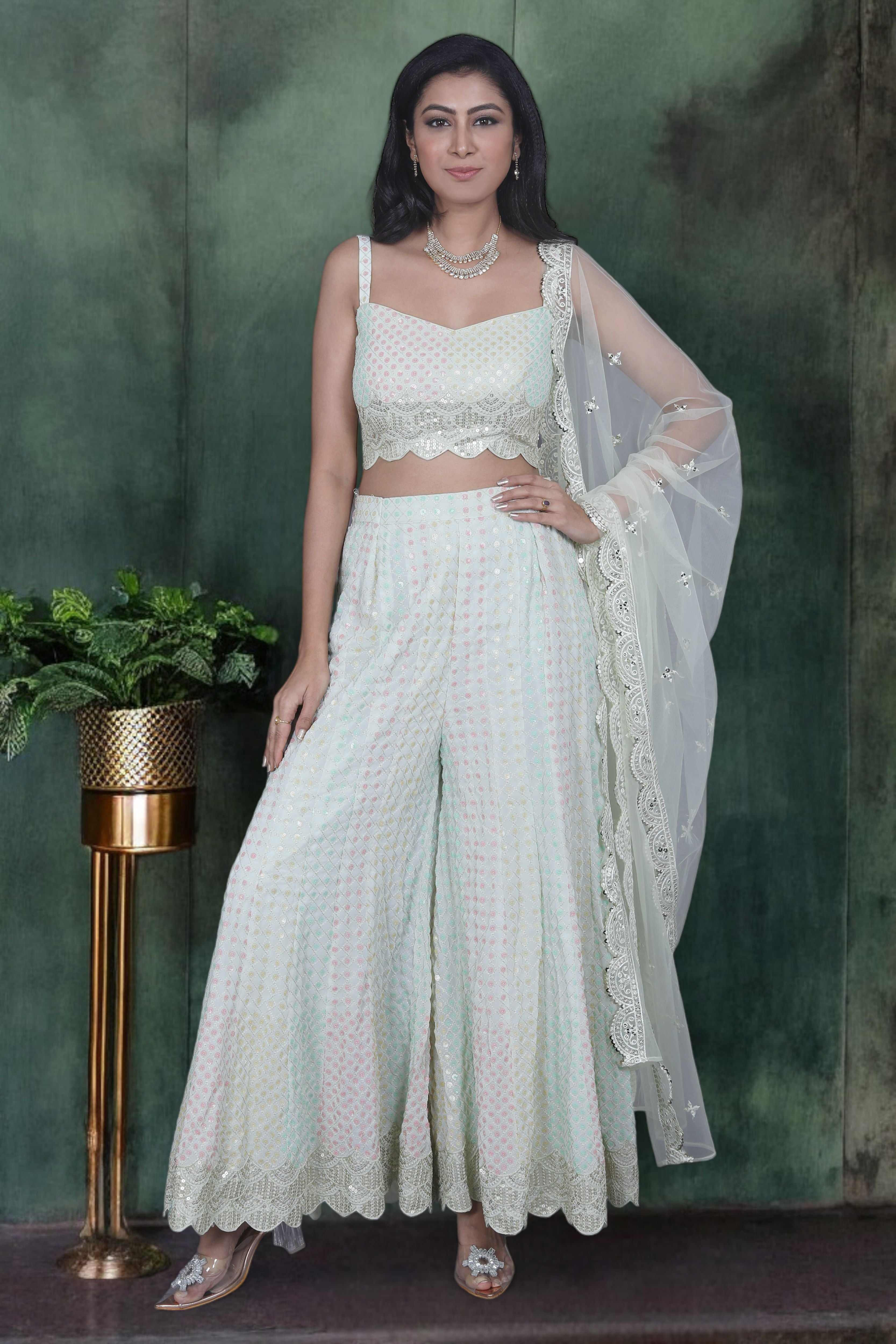 Green Indo Western Palazzo Set With Pastel Sequins Work