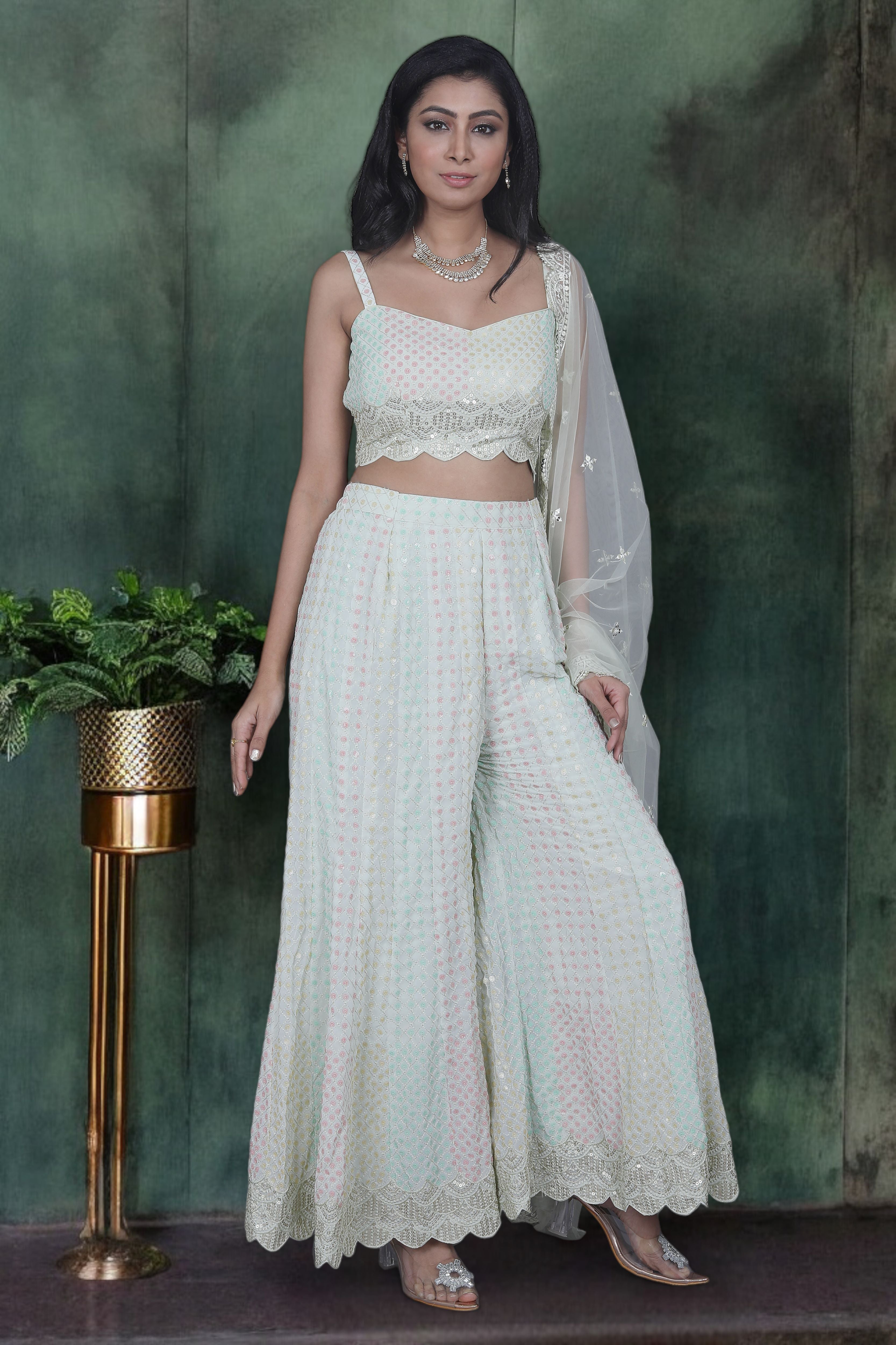 Green Indo Western Palazzo Set With Pastel Sequins Work