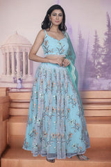 Blue Floral Embroidered Net Lehenga Set