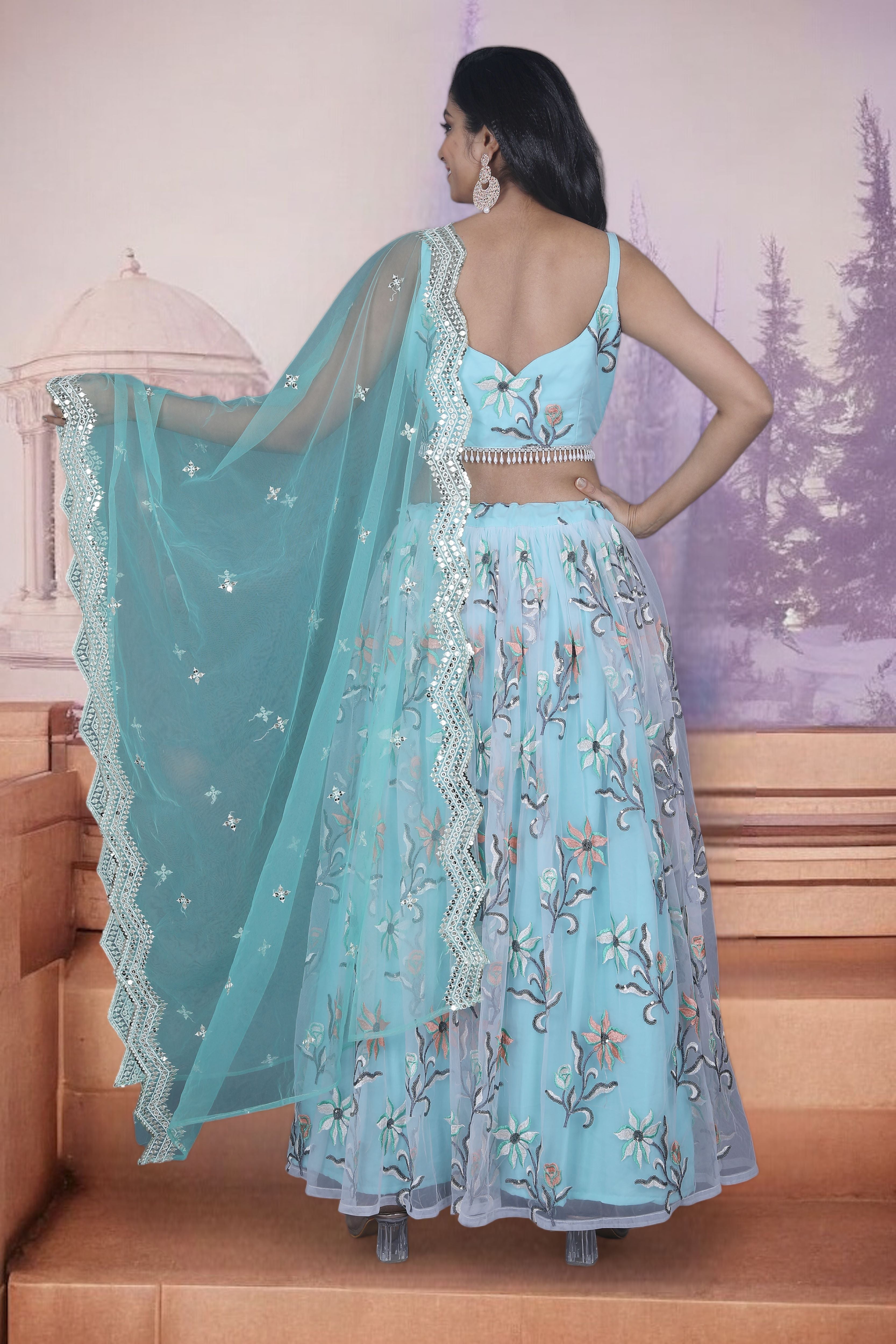 Blue Floral Embroidered Net Lehenga Set