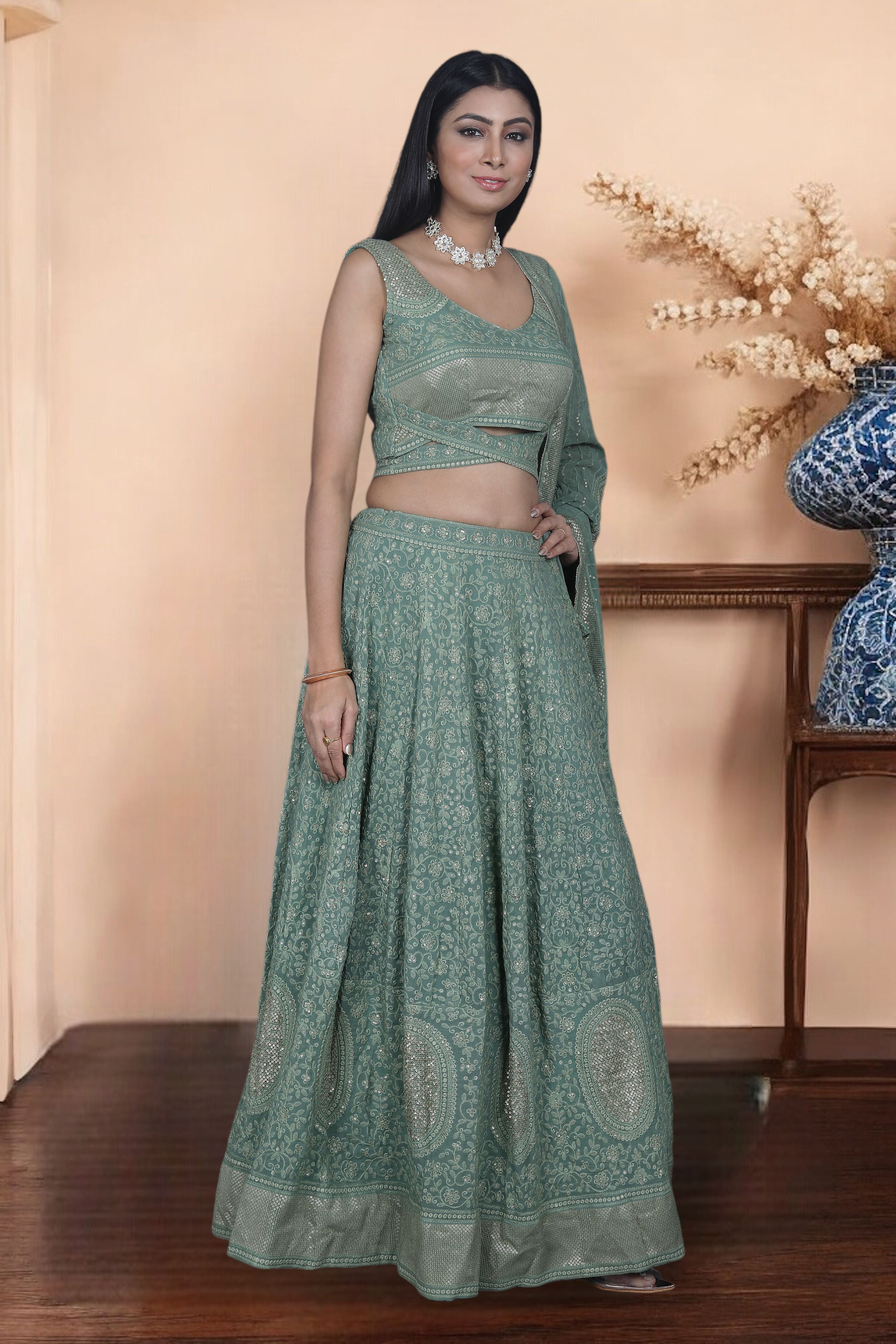 Green Chikankari Embroidered Lehenga Set