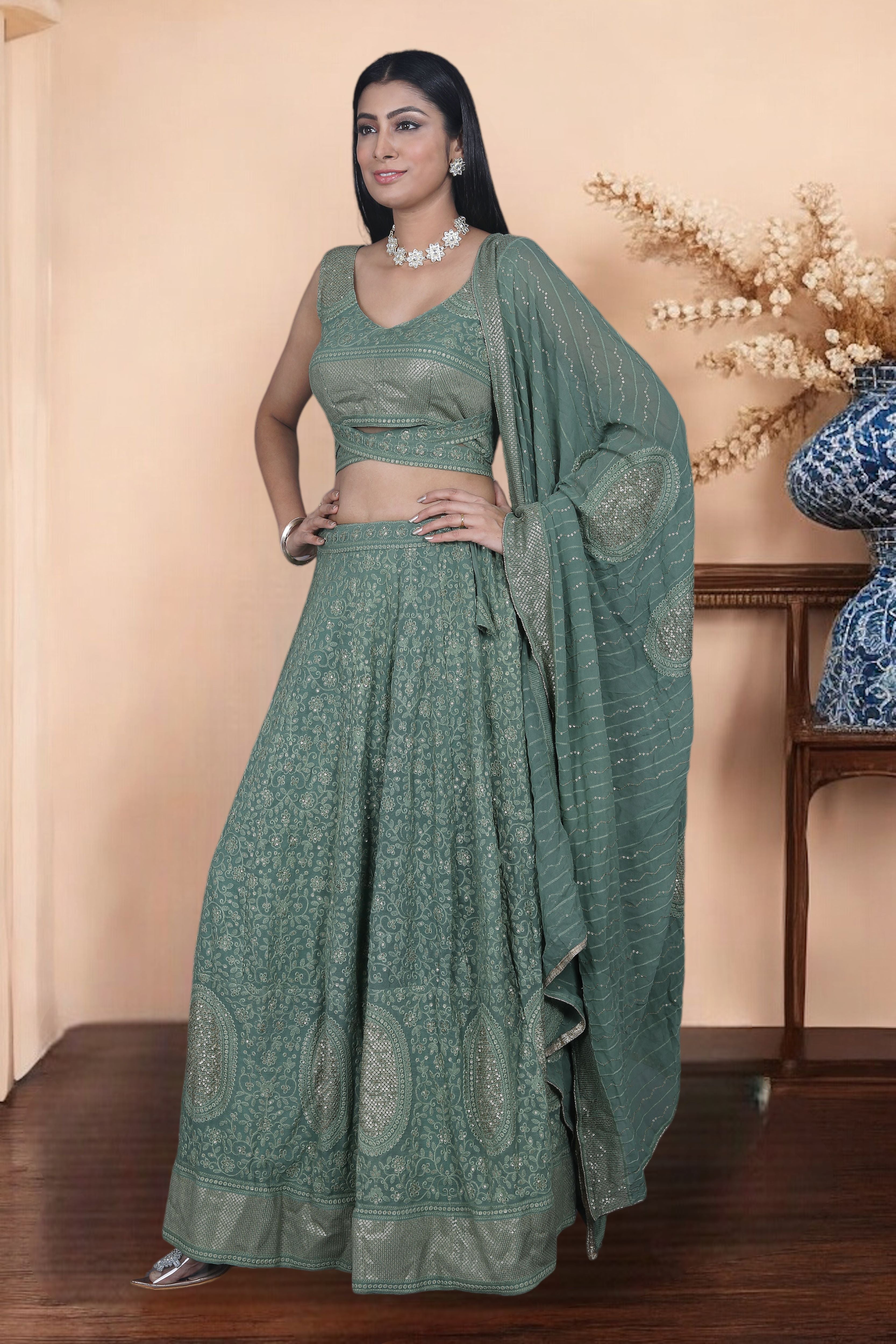 Green Chikankari Embroidered Lehenga Set