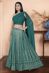 Dark Green Chikankari Lehenga With One Shoulder Blouse