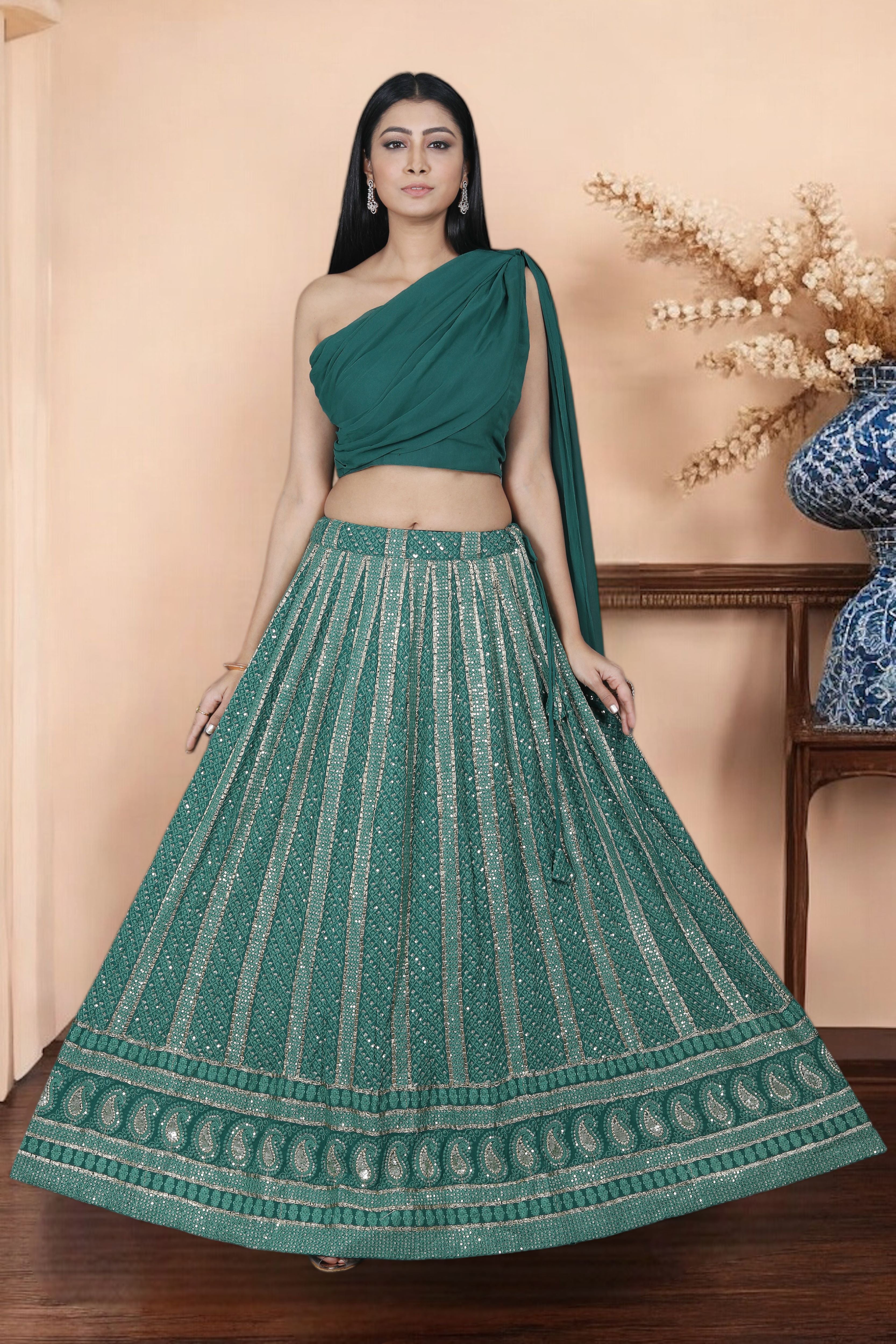 Dark Green Chikankari Lehenga With One Shoulder Blouse