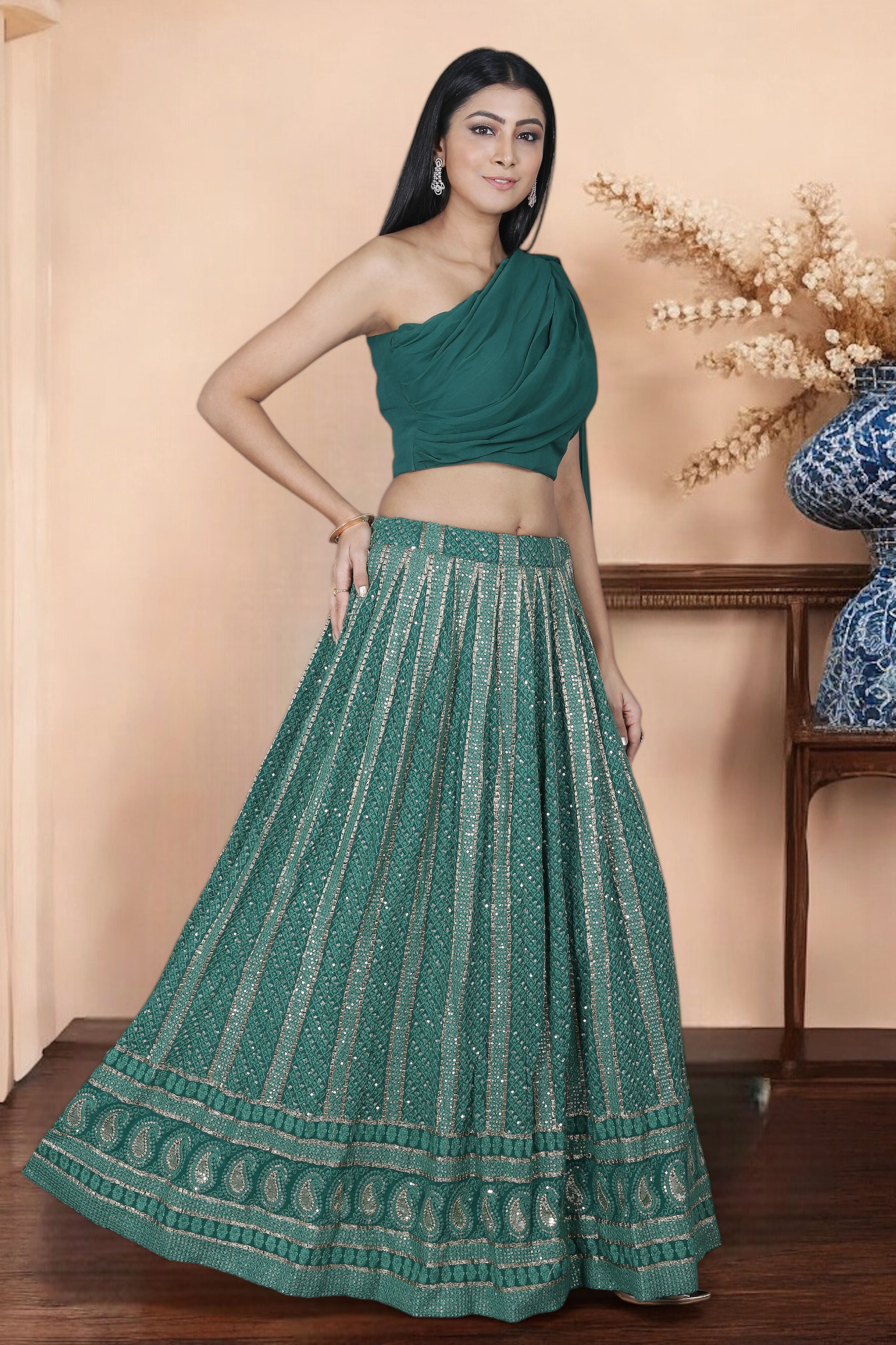 Dark Green Chikankari Lehenga With One Shoulder Blouse