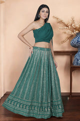 Dark Green Chikankari Lehenga With One Shoulder Blouse