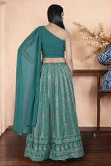 Dark Green Chikankari Lehenga With One Shoulder Blouse