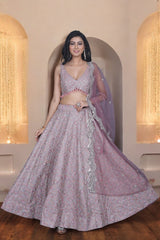 Mauve Embroidered Silk Lehenga Set