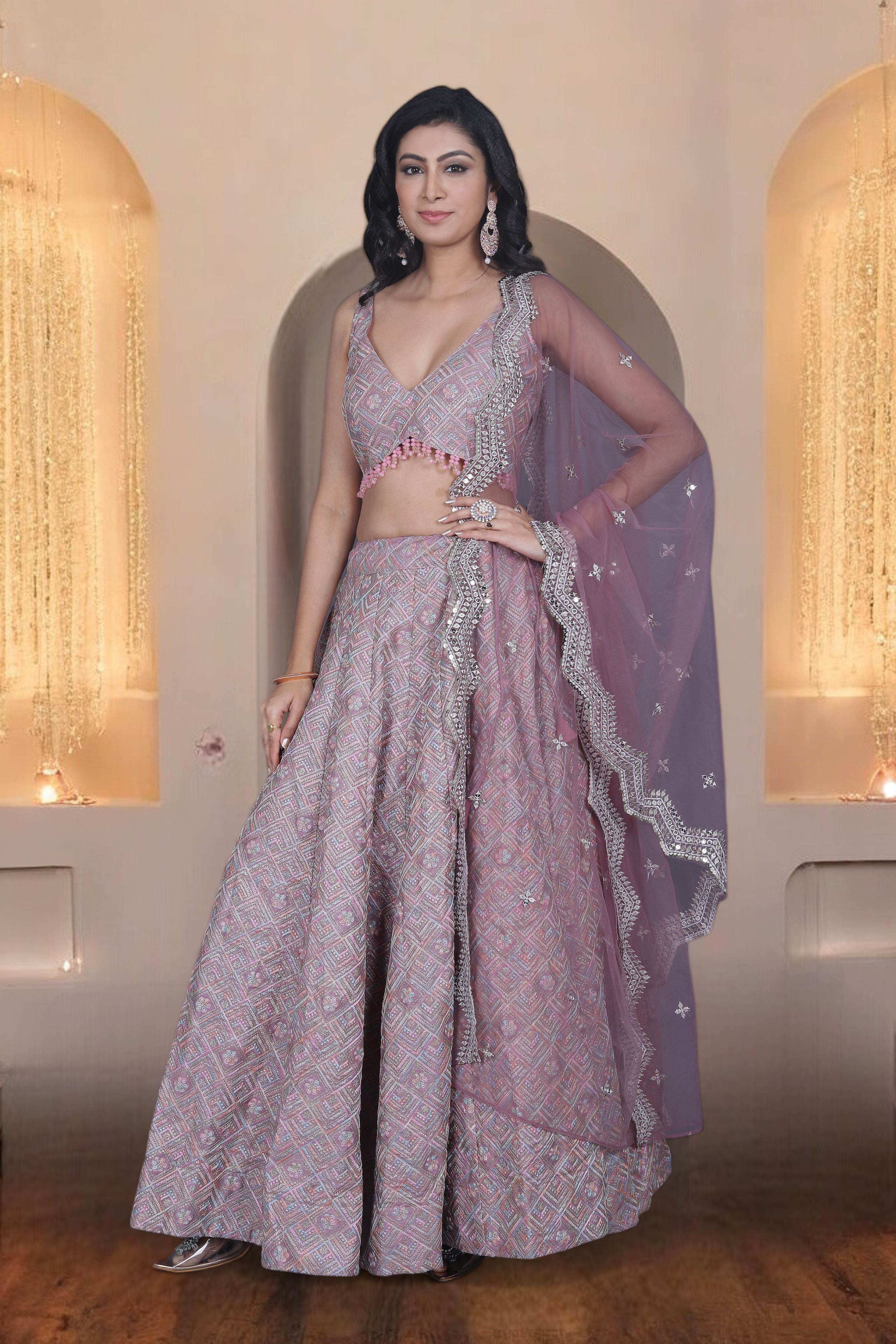 Mauve Embroidered Silk Lehenga Set