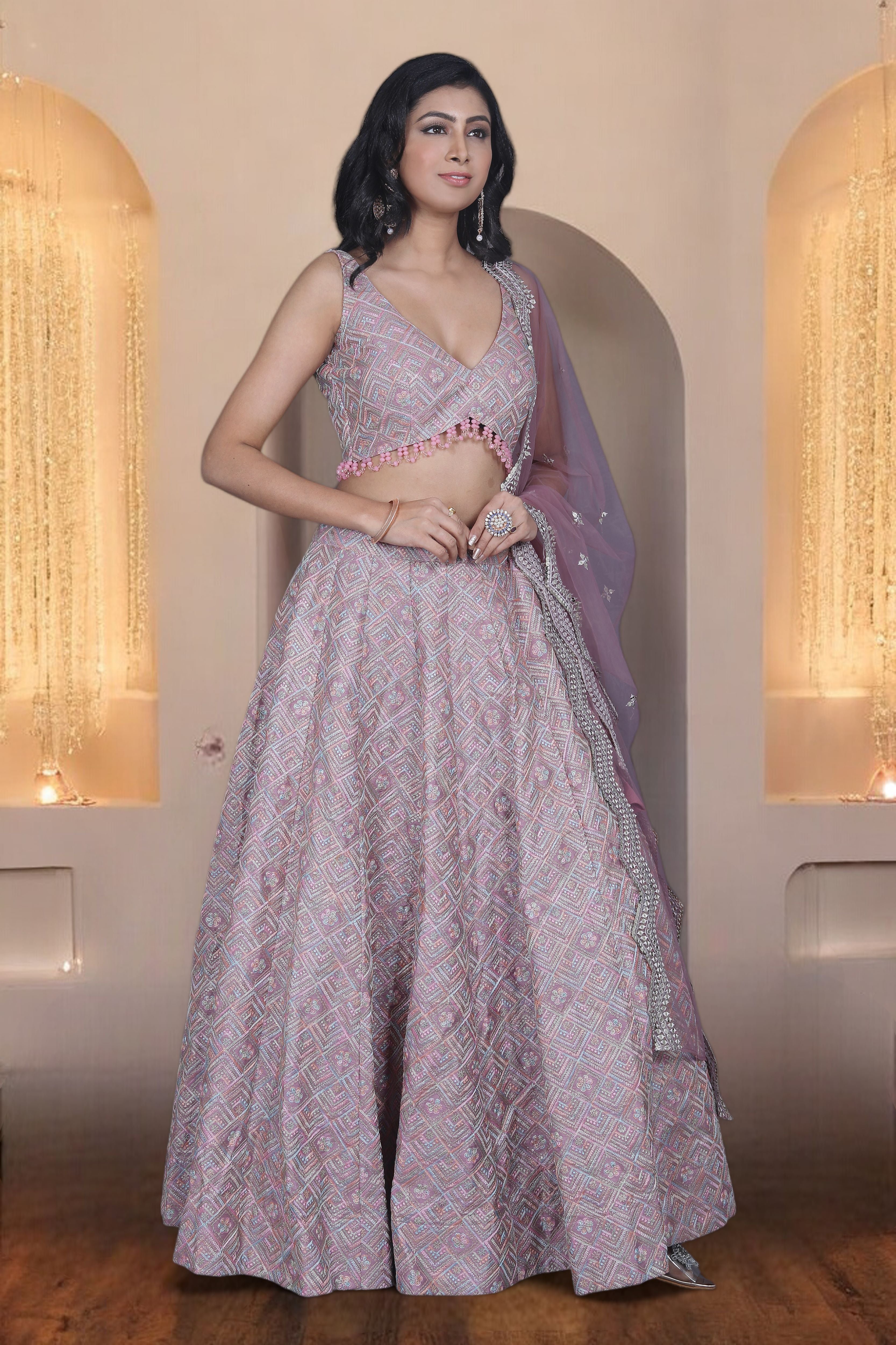 Mauve Embroidered Silk Lehenga Set