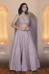 Mauve Embroidered Silk Lehenga Set