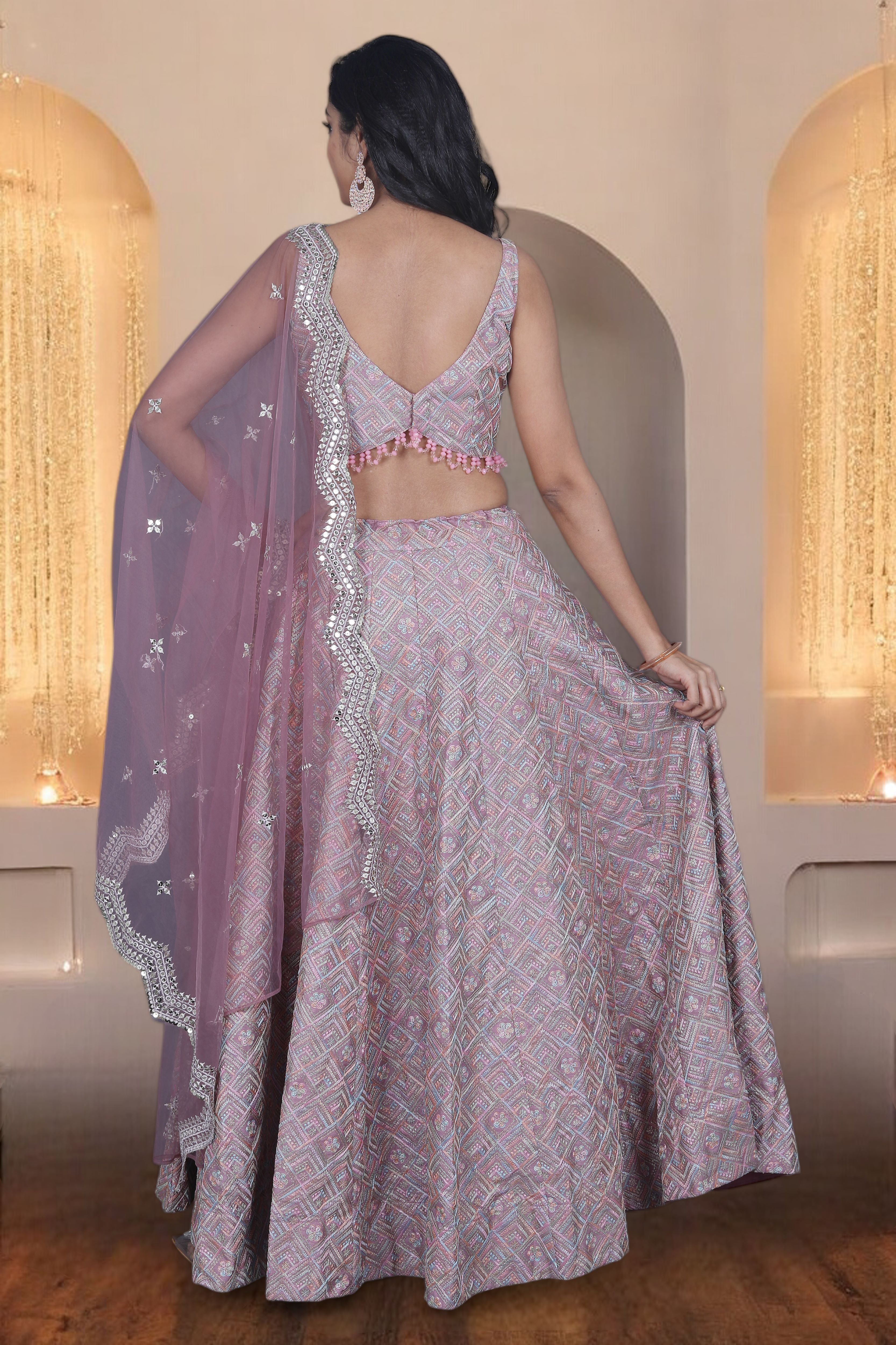 Mauve Embroidered Silk Lehenga Set