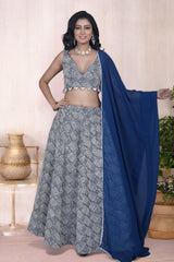 Teal Blue Silk Lehenga Set With Intricate White Embroidery