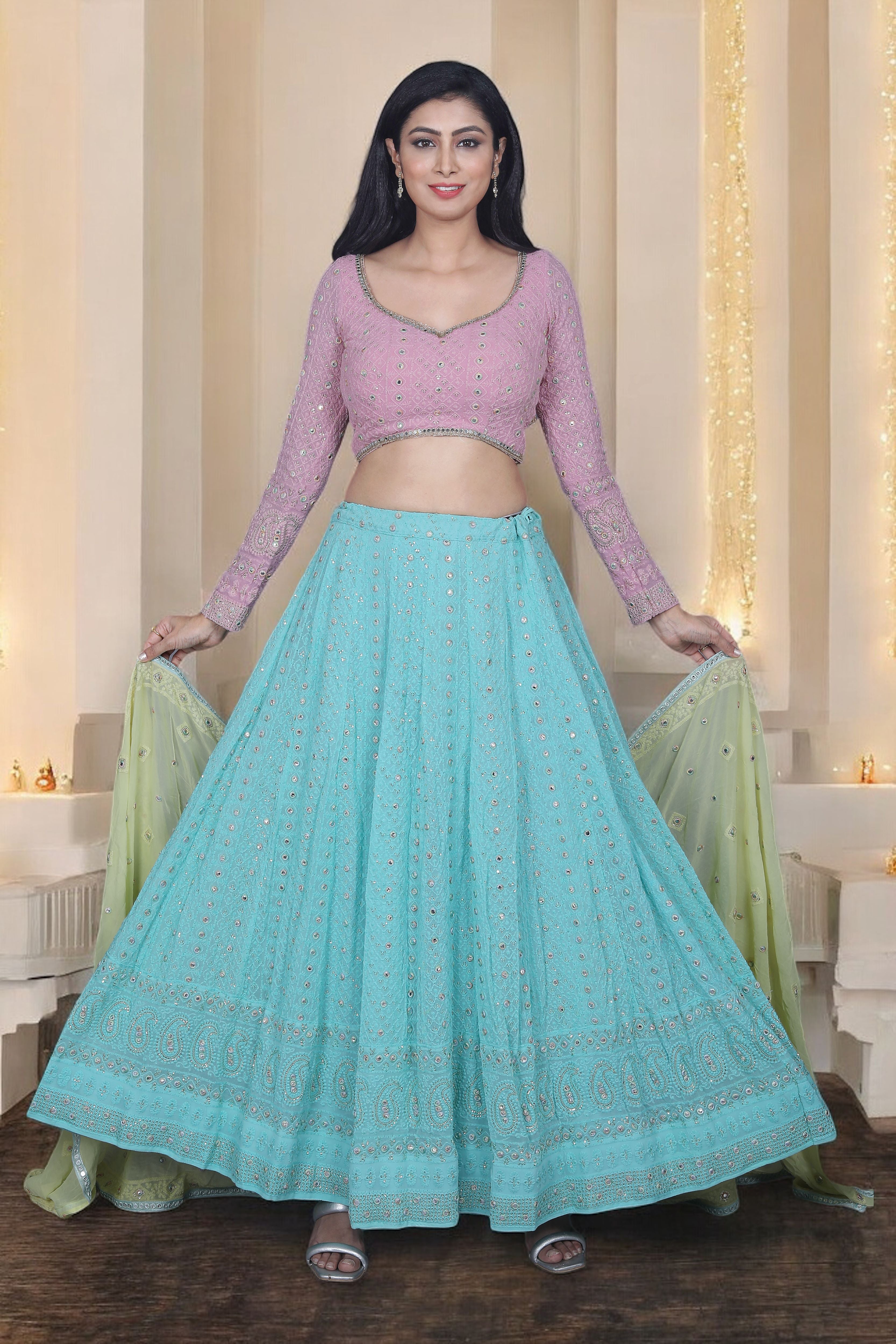 Multicolor Chikankari Embroidered Lehenga Set With Mirror detailing