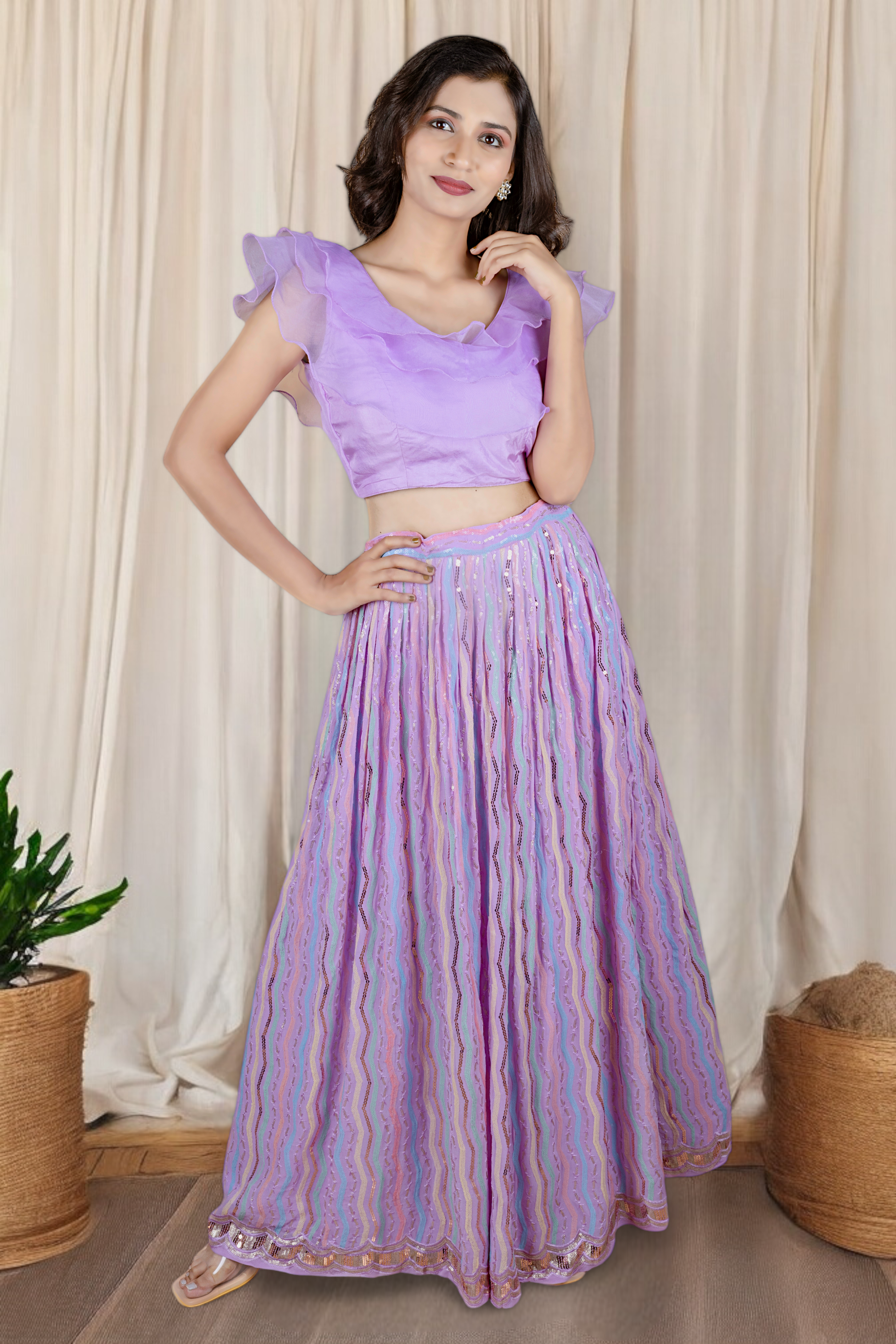 Lavender Indo Western Lehenga With Ruffles Sleeve Blouse