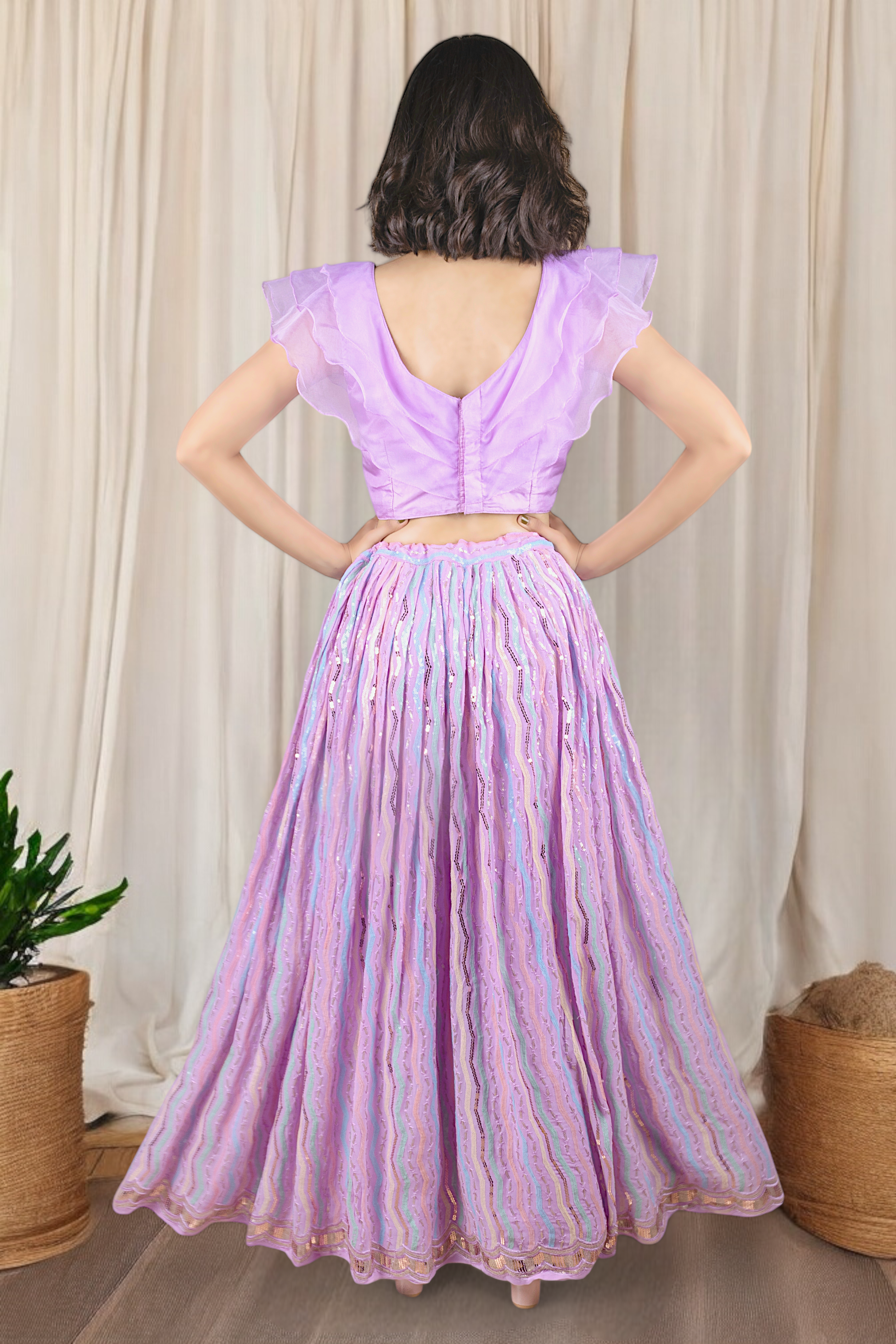 Lavender Indo Western Lehenga With Ruffles Sleeve Blouse