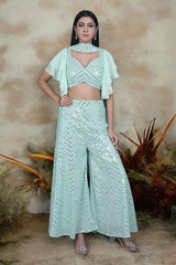 Mint Green Indo Western Palazzo, Blouse And Dupatta Set