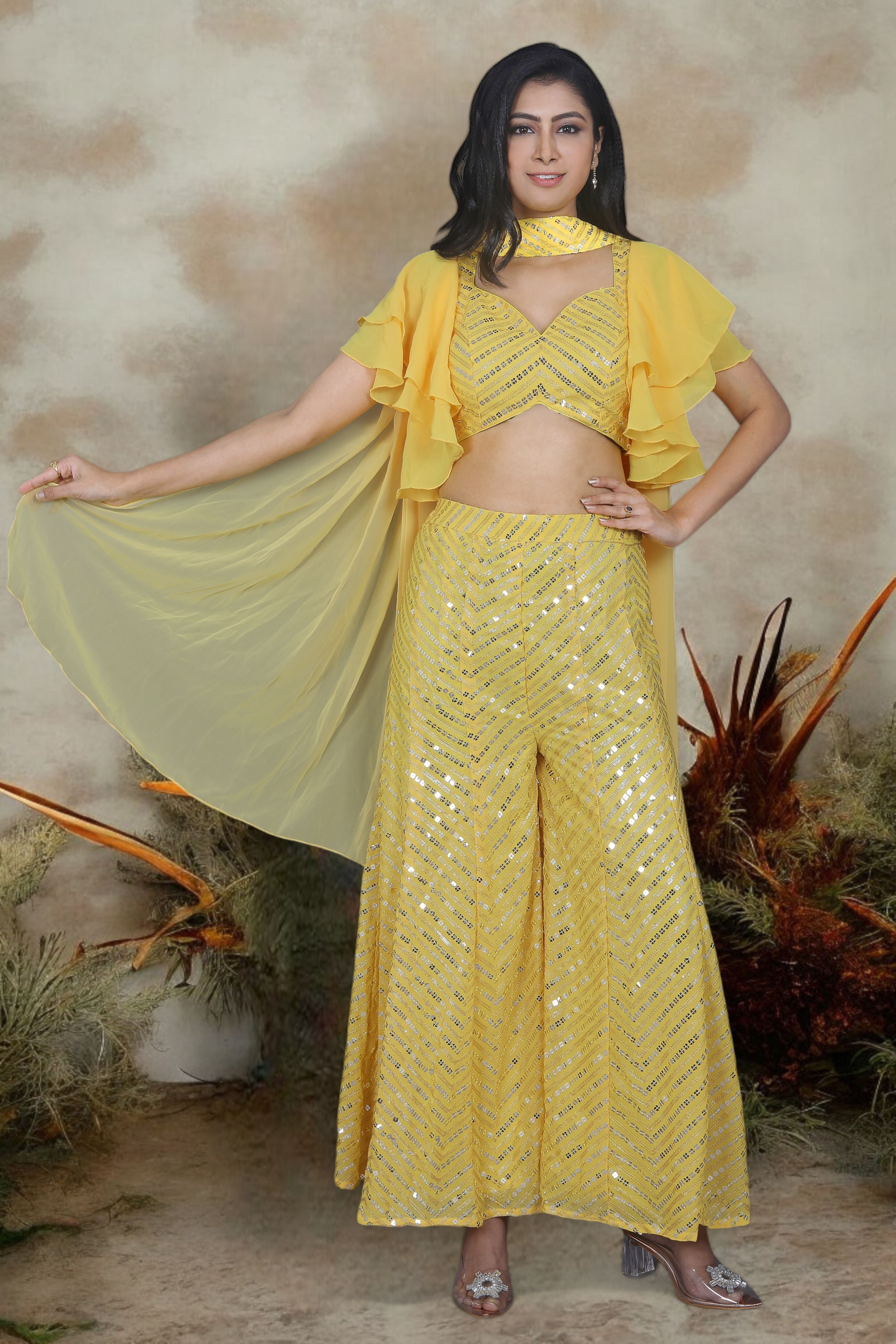 Yellow Indo Western Palazzo, Blouse And Dupatta Set