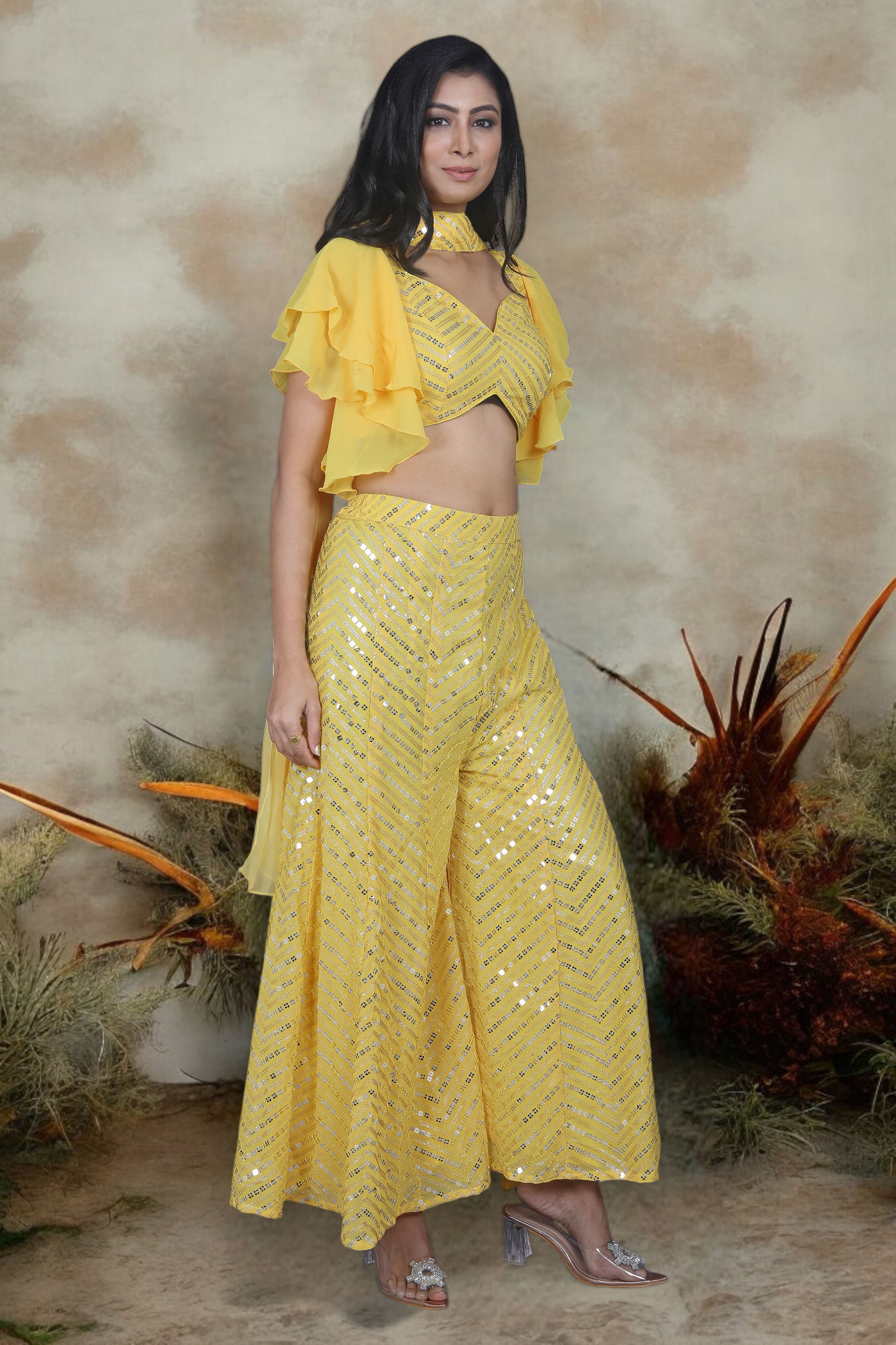 Yellow Indo Western Palazzo, Blouse And Dupatta Set