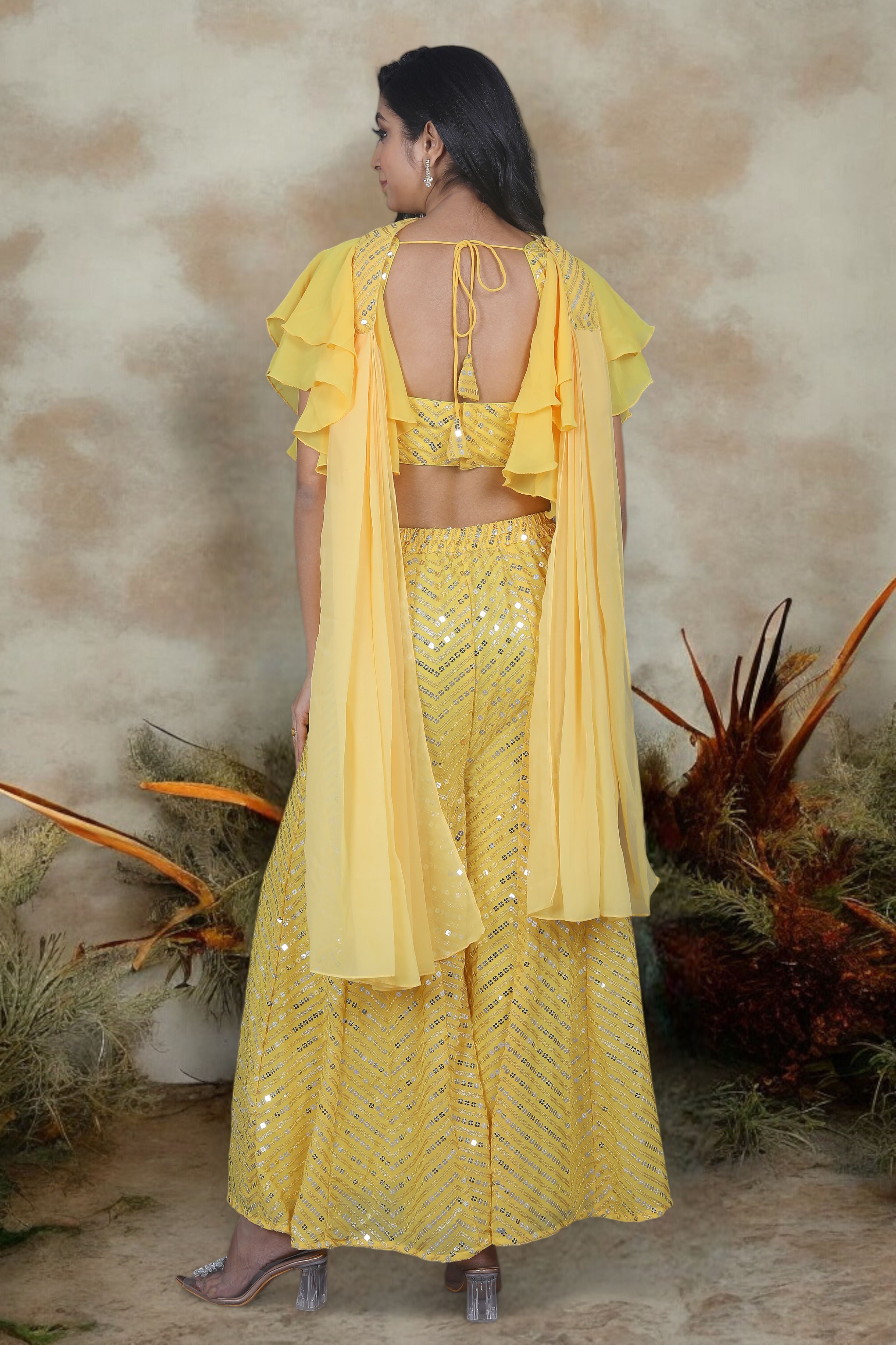 Yellow Indo Western Palazzo, Blouse And Dupatta Set