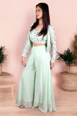 Green Indo Western Palazzo With Blouse And Jacket Set