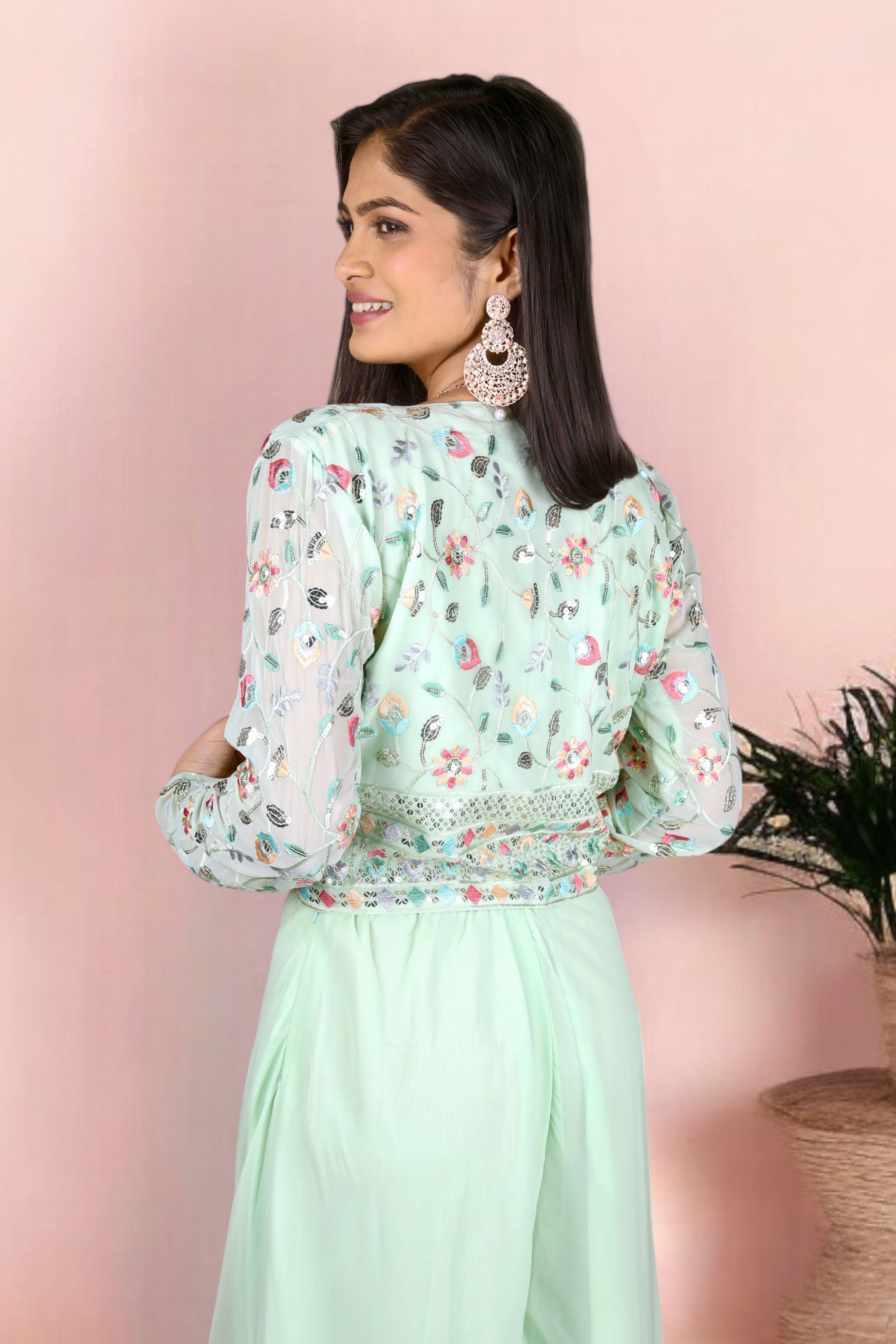 Green Indo Western Palazzo With Blouse And Jacket Set