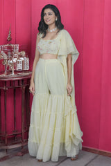 Lemon Yellow Indo Western Sharara With Blouse And Ruffle Dupatta