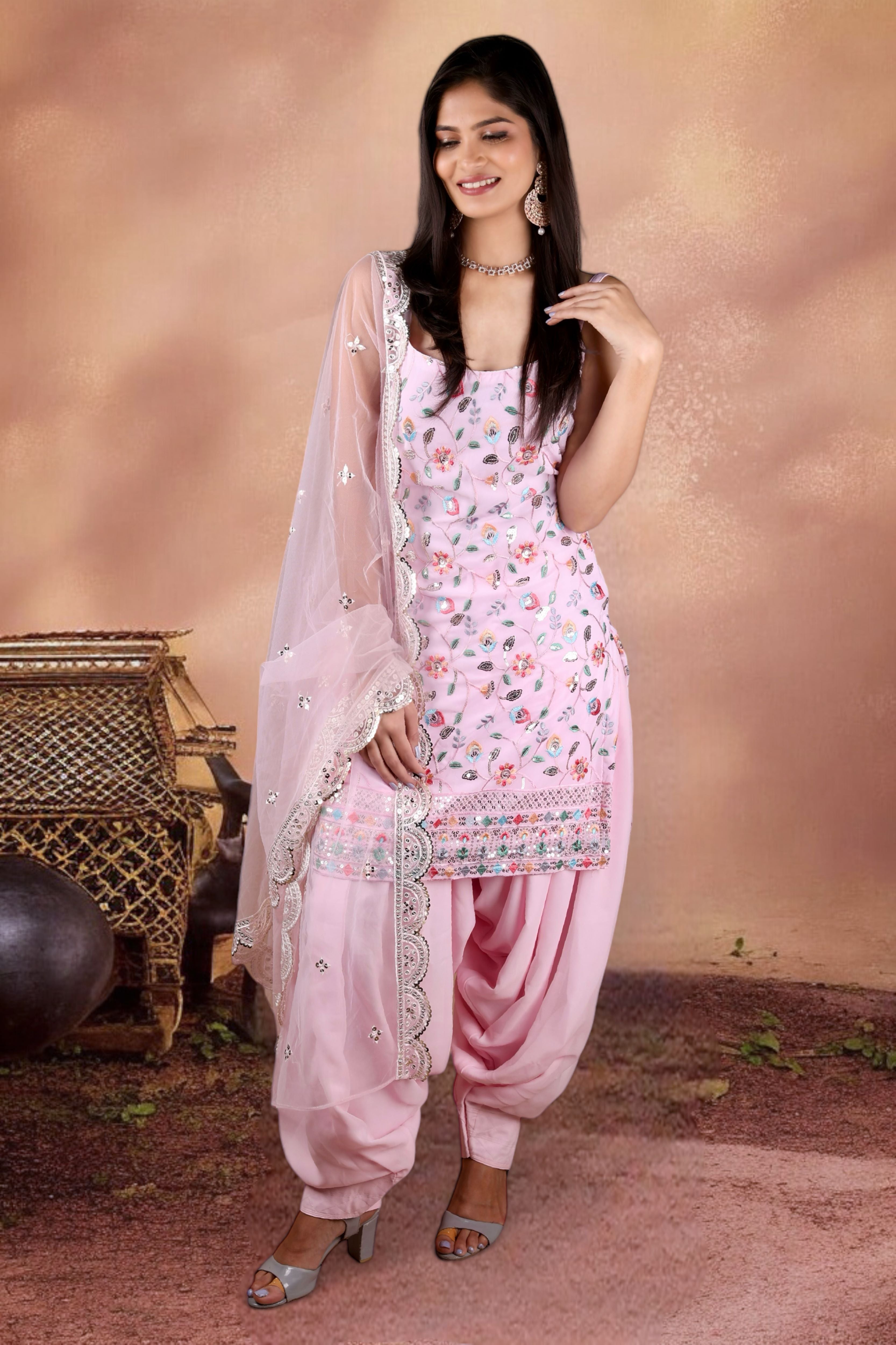 Light Pink Embroidered Georgette Patiala Suit