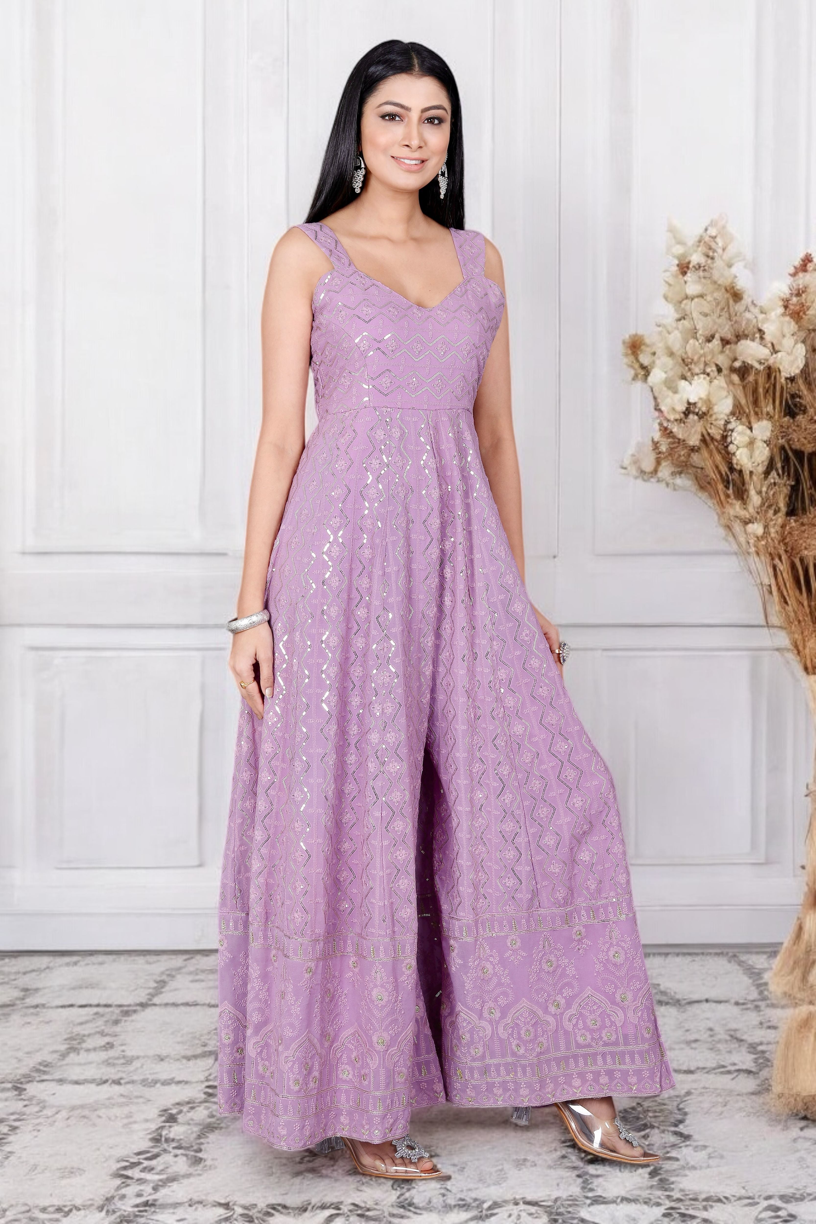 Lavender Chikankari Embroidered Indo Western Jumpsuit