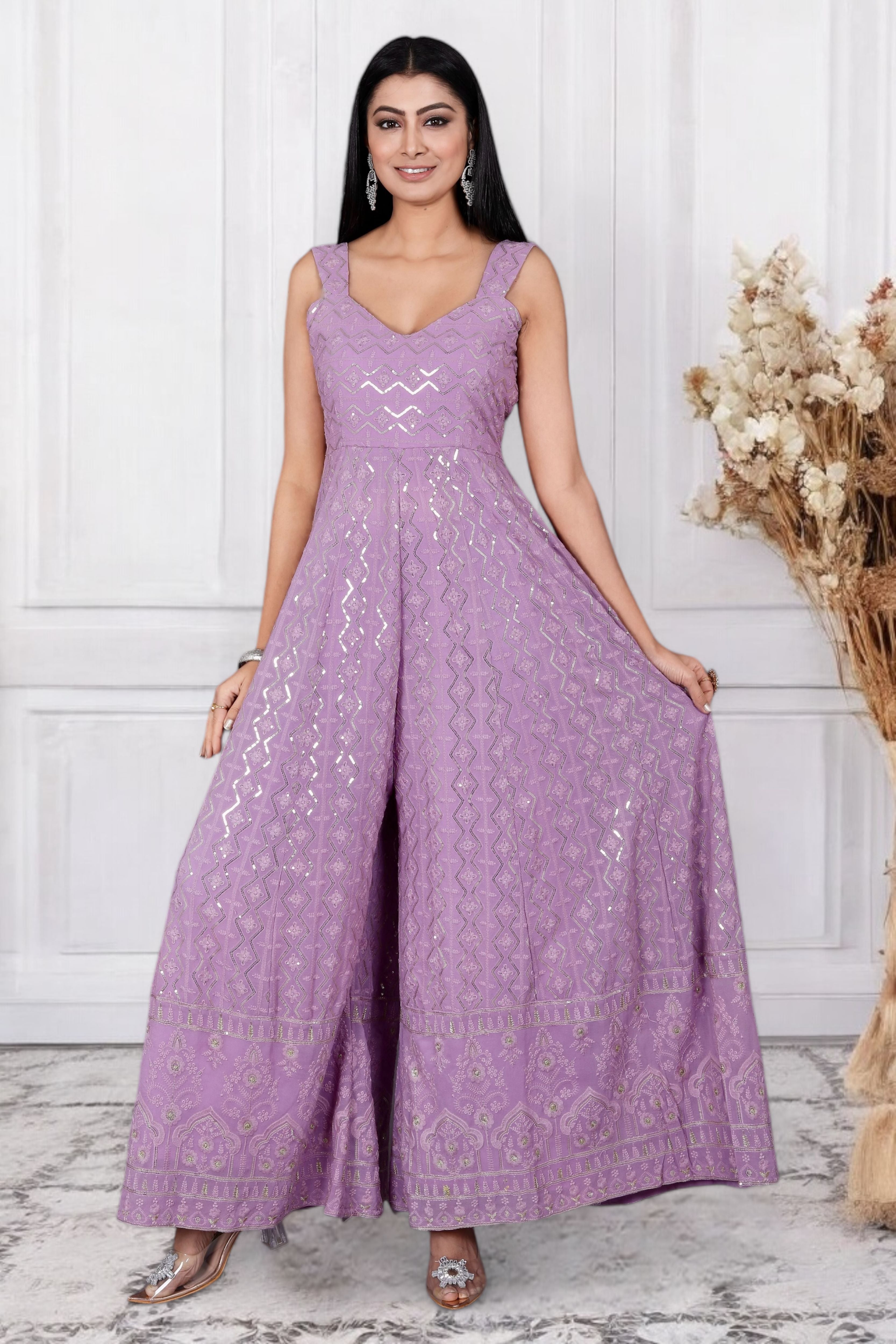 Lavender Chikankari Embroidered Indo Western Jumpsuit