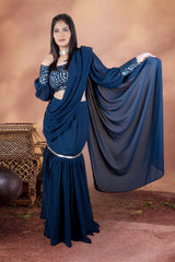 Teal Blue Ready To Wear Skirt Style Saree