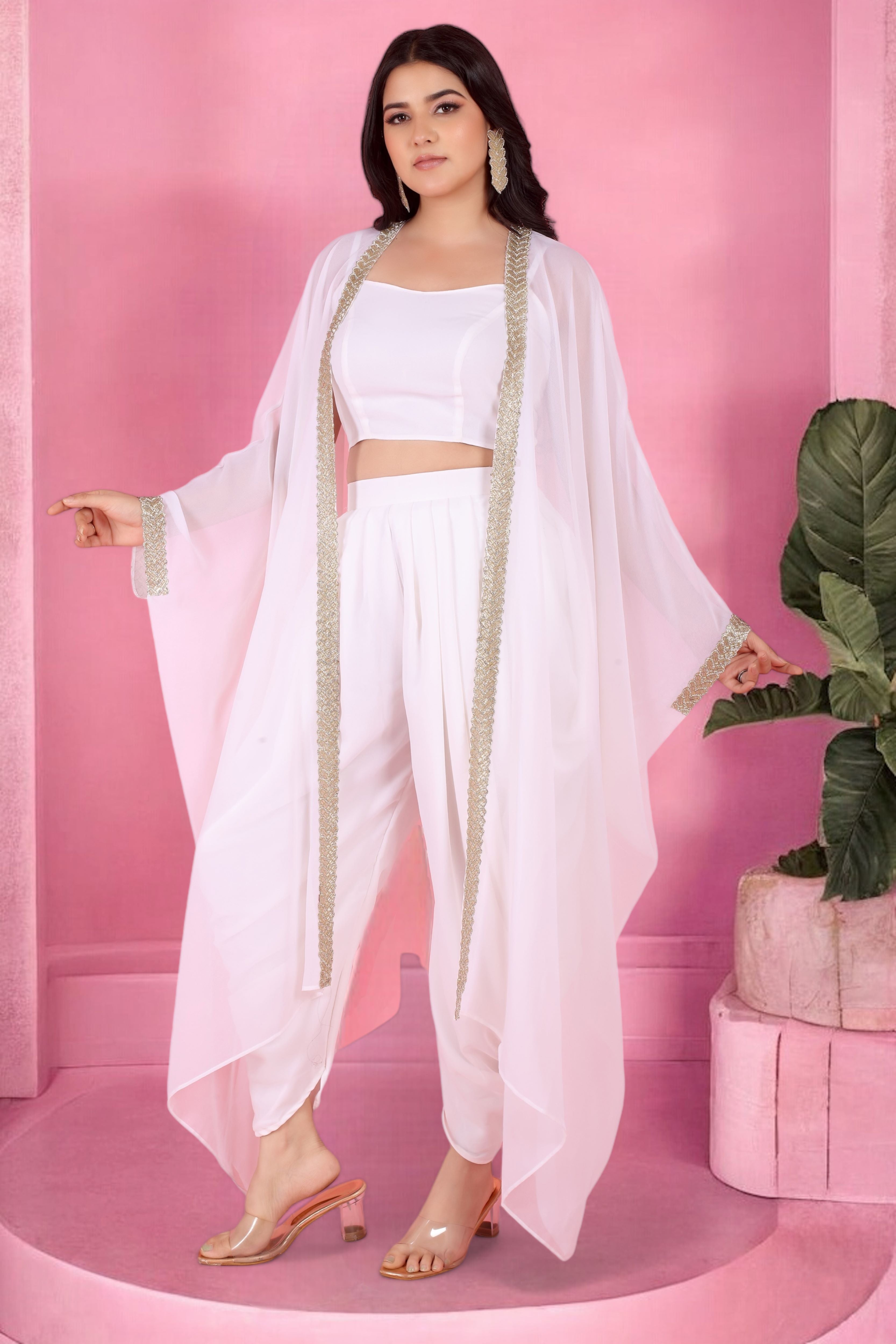 White Dhoti Set With Blouse And Cape Jacket