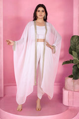 White Dhoti Set With Blouse And Cape Jacket