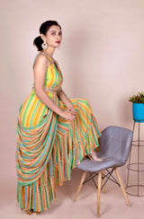 Indowestern sharara saree in multicolor fabric. It has a belt and flared sharara. The fabric is georgette. 