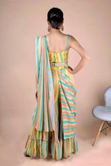 Indowestern sharara saree in multicolor fabric. It has a belt and flared sharara. The fabric is georgette. 